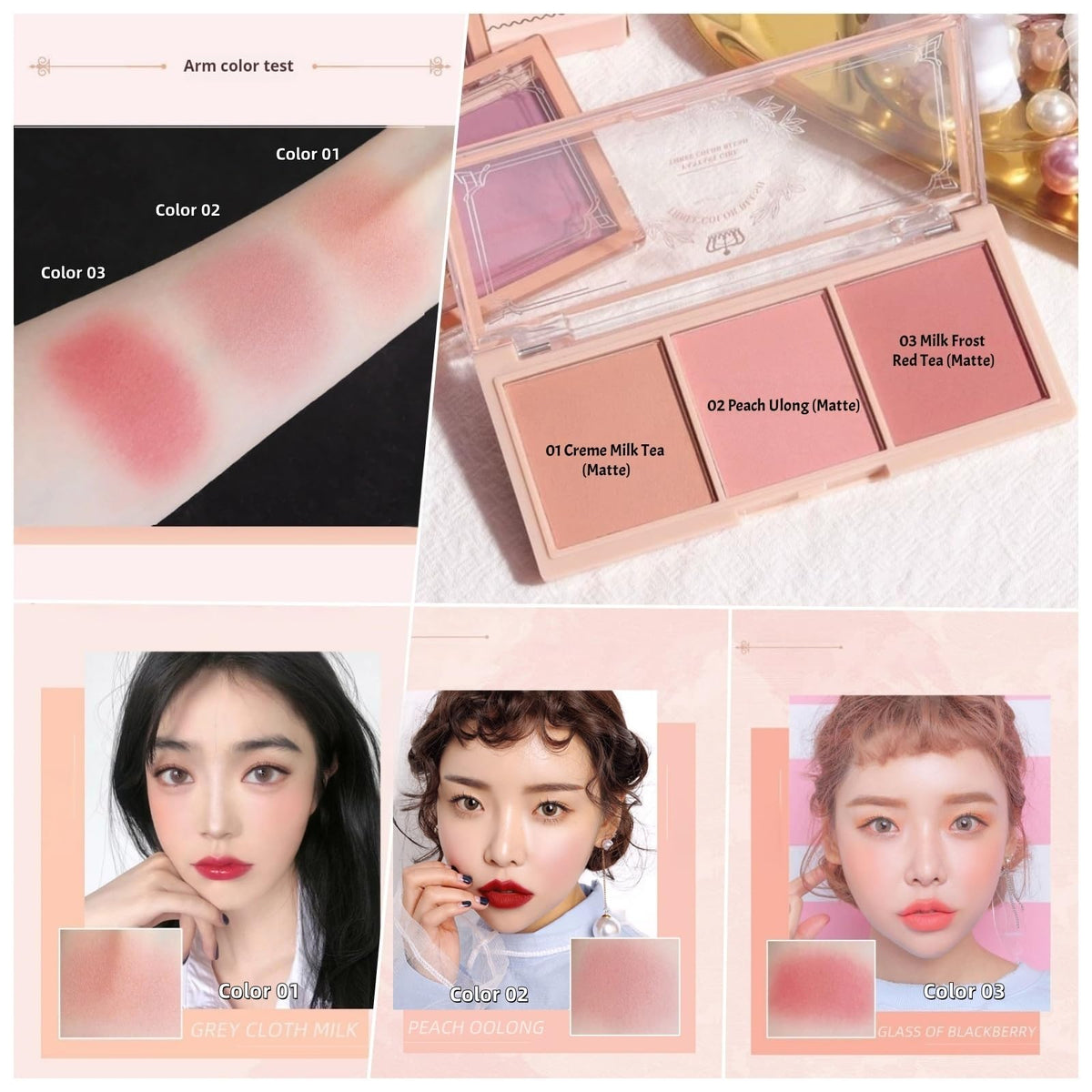 3-in-1 Matte Powder Blush Palette with Pro Brush – Versatile Face Makeup Contour Kit for All Skin Tones – Long-Lasting, Blendable Cheek Color Trio – Travel Size for Natural Beauty