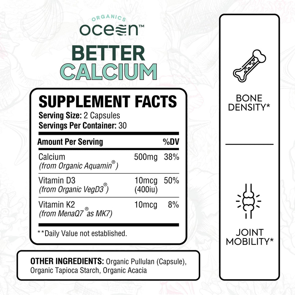 Organics Ocean Better Calcium - Organic Red Algae Calcium with Vitamin D3 and K2 Supplements - Supports Bone Structure, Joint Comfort & Encourages Healthy Aging - Plant-Based, Non-GMO - 6 Pack