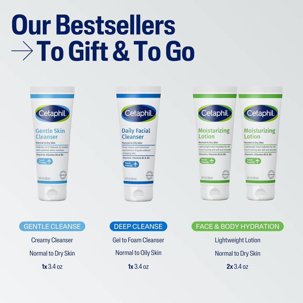 Buy now CETAPHIL Skincare Gift Set & Travel Companion for Sensitive Skin | Gentle Skin Cleanser, Daily Facial Cleanser, 2 x Moisturizing Lotion | TSA Approved | Dermatologist Recommended Brand at indiglob india