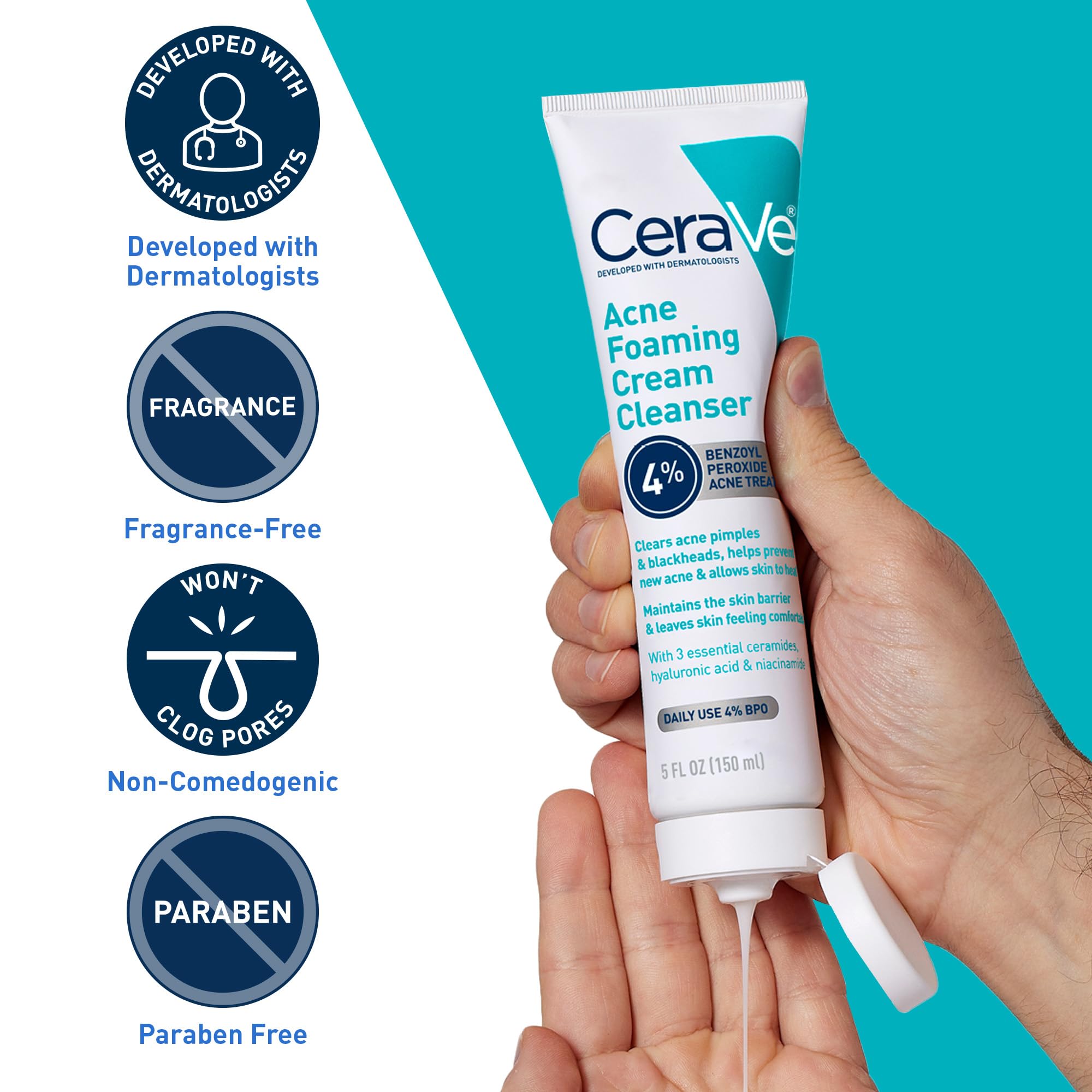 CeraVe Foaming Acne Cream Cleanser, Face Wash with 4% Benzoyl Peroxide, 5oz | Skin Care, Hyaluronic Acid, Niacinamide, Facial Cleanser, Acne Treatment For Face, Face Care, Gentle Cleanser, Ceramides