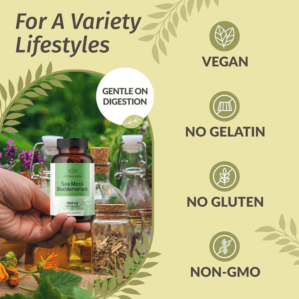 Buy now HERBAMAMA Sea Moss and Bladderwrack Capsules - 1600mg Irish Sea Moss for Immune Support - Vegan, Non-GMO Immunity Supplement for Overall Support at indiglob india