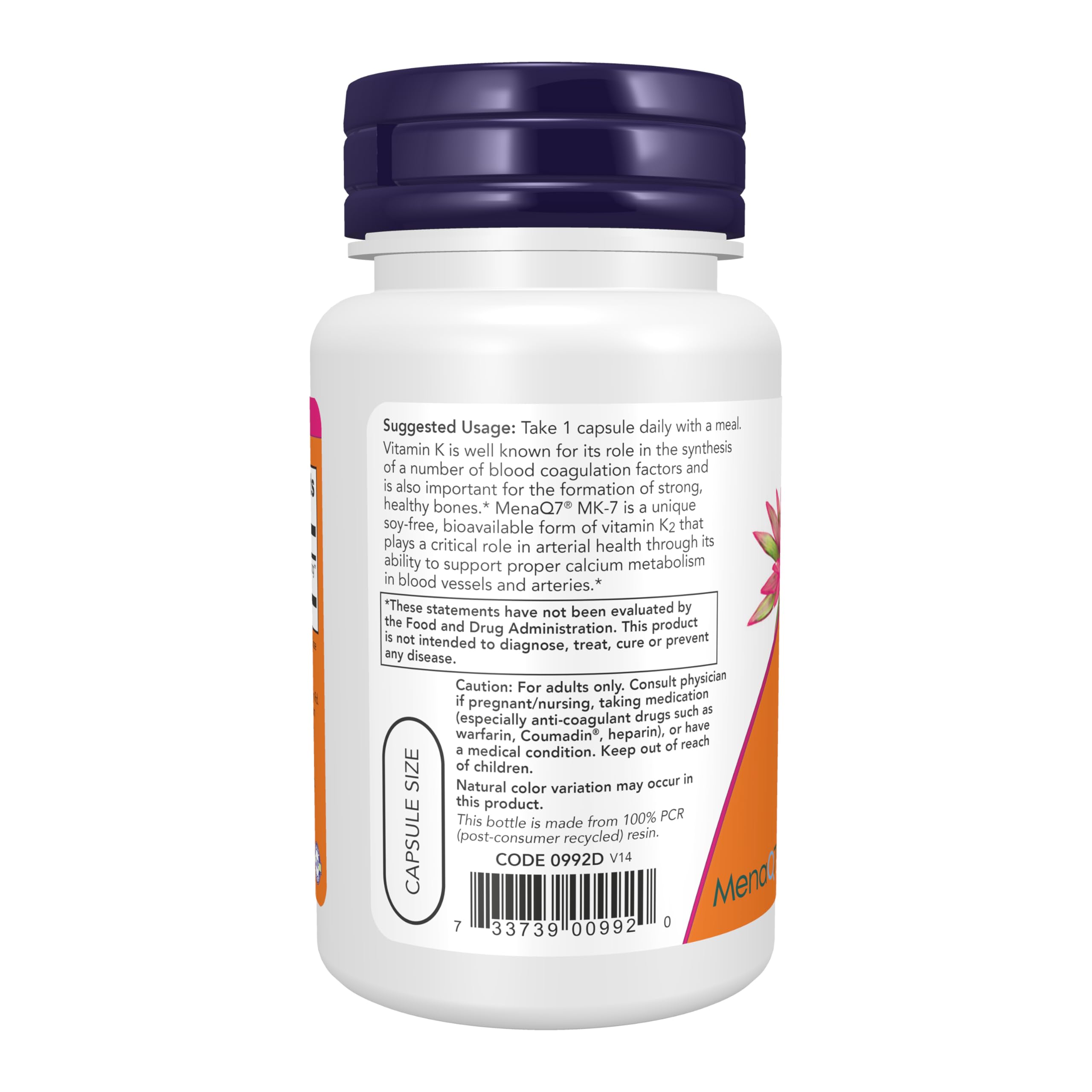 NOW Foods Supplements, MK-7 Vitamin K-2 100 mcg, Cardiovascular Support*, Supports Bone Health*, 60 Veg Capsules