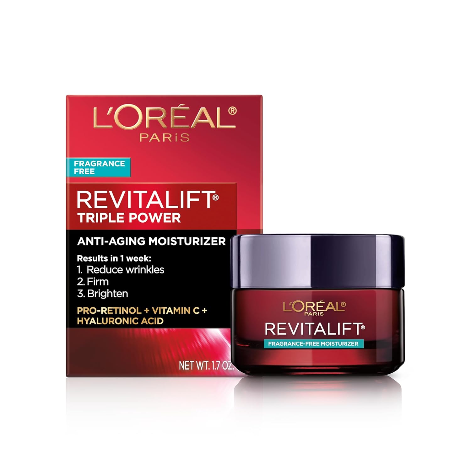Buy now L'Oreal Paris Revitalift Triple Power Anti-Aging Face Moisturizer, Pro Retinol, Hyaluronic Acid & Vitamin C to Reduce Wrinkles, Firm & Brighten Skin, 1.7 Oz Fragrance Free 1.7 Ounce (Pack of 1) at indiglob india