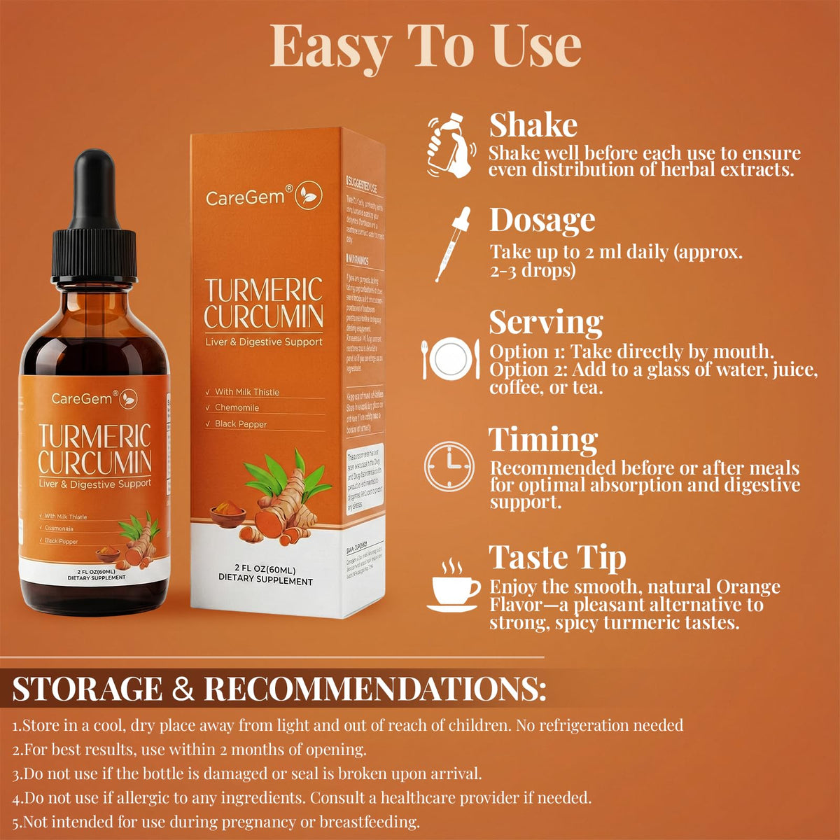 Turmeric Curcumin & Milk Thistle Drops, Liver Health & Joint Support, 2 oz
