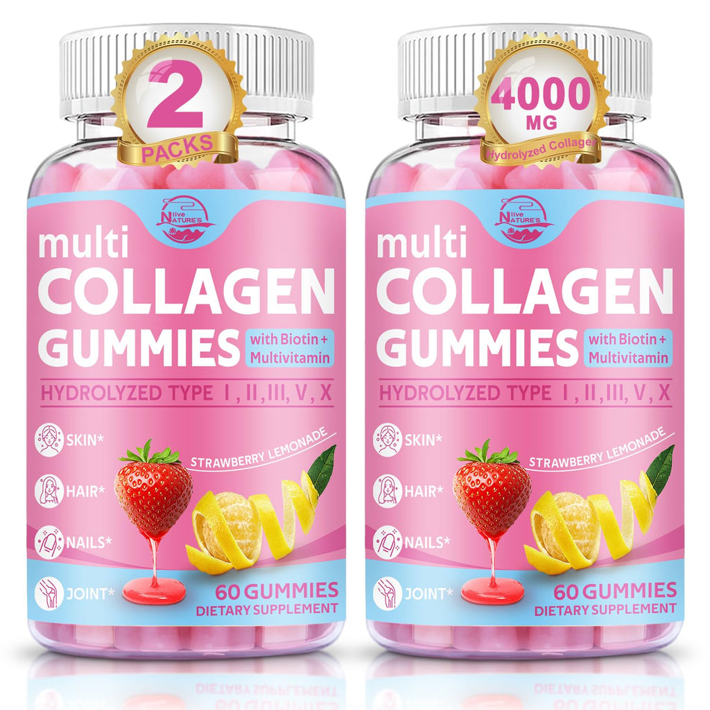 Nature's live Multi Collagen Peptides Gummies, Type I, II, III, V, X | Hydrolyzed Collagen Peptides Gummies, Supports Healthy Skin, Strong Nails & Thick Hair, Grape Blueberry Flavor, 2 Pack