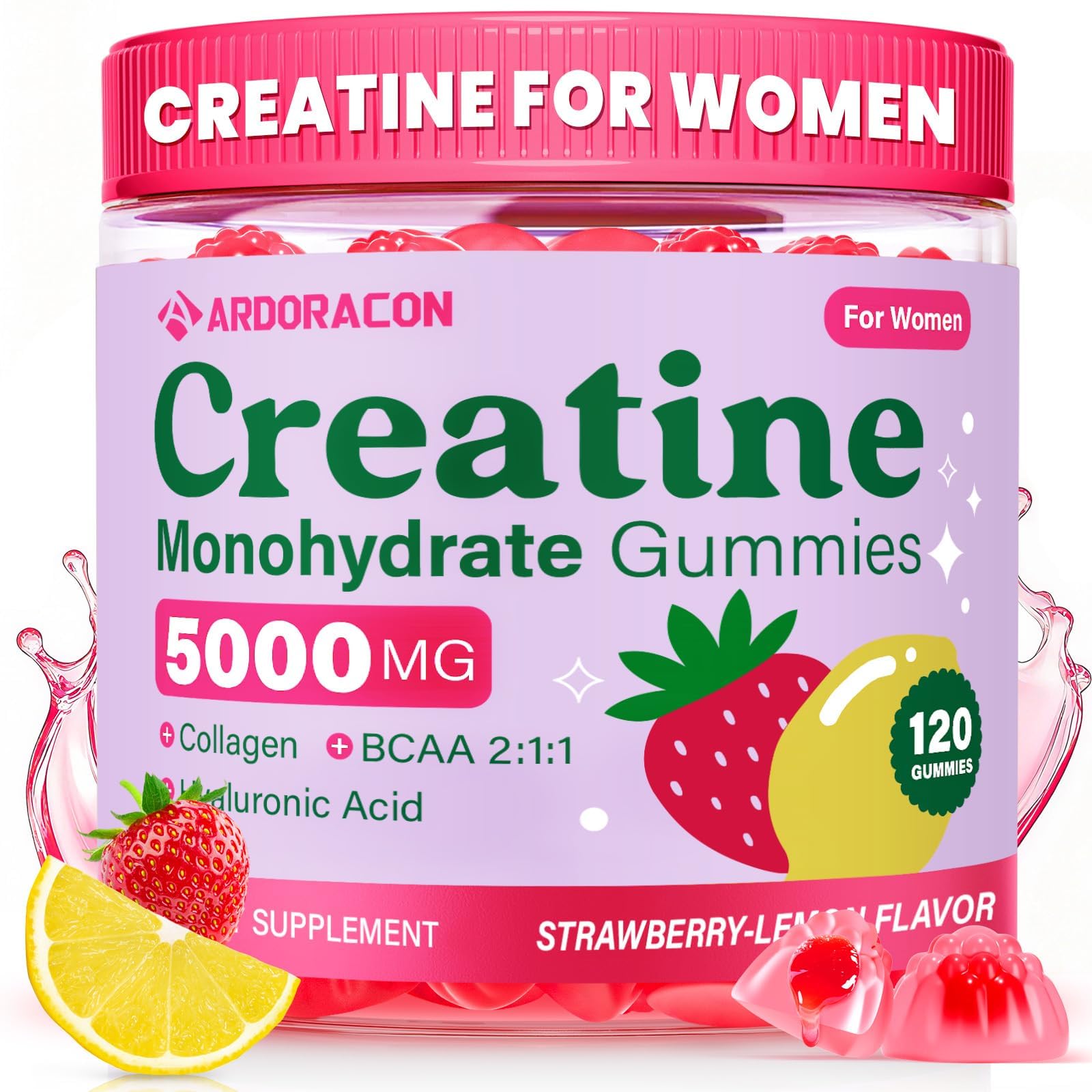 Creatine for Women, Creatine Monohydrate Gummies with Collagen, Vitamin D3 & Calcium for Muscle Support & Energy, Flavored Sugar Free Creatine Gummies Post & Pre Workout Supplements for Women, 120 Ct