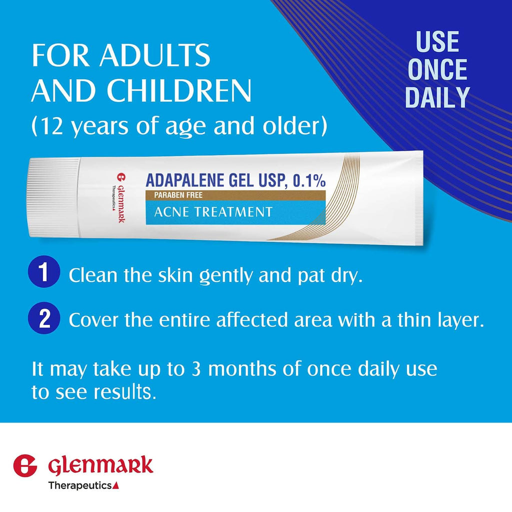Glenmark Therapeutics Adapalene Gel 0.1% Acne Treatment, Paraben Free Topical Retinoid Cream for Face, Helps Clear and Prevent Acne and Clogged Pores, 15g Tube