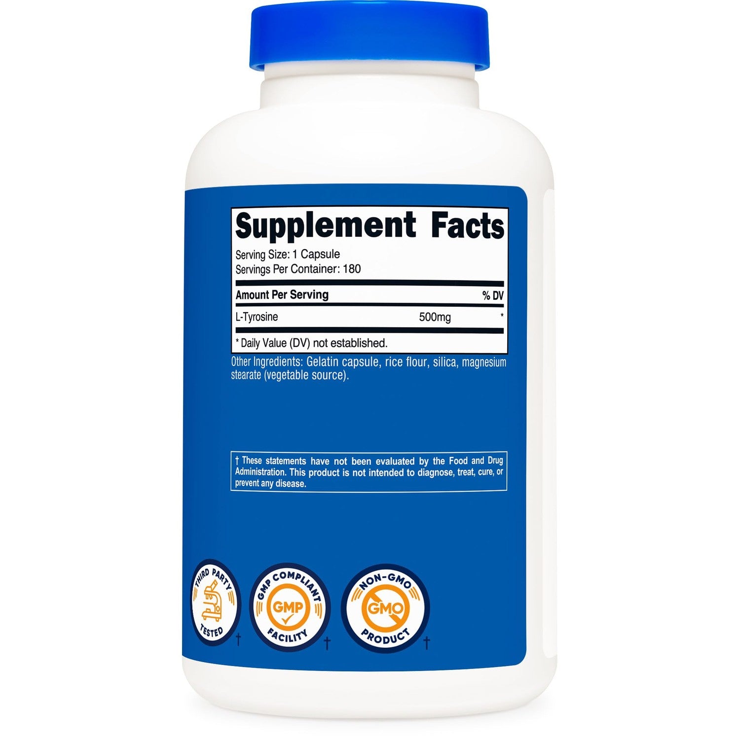 Nutricost L-Tyrosine Supplement 500mg, 180 Capsules, Gluten-Free, GMO-Free