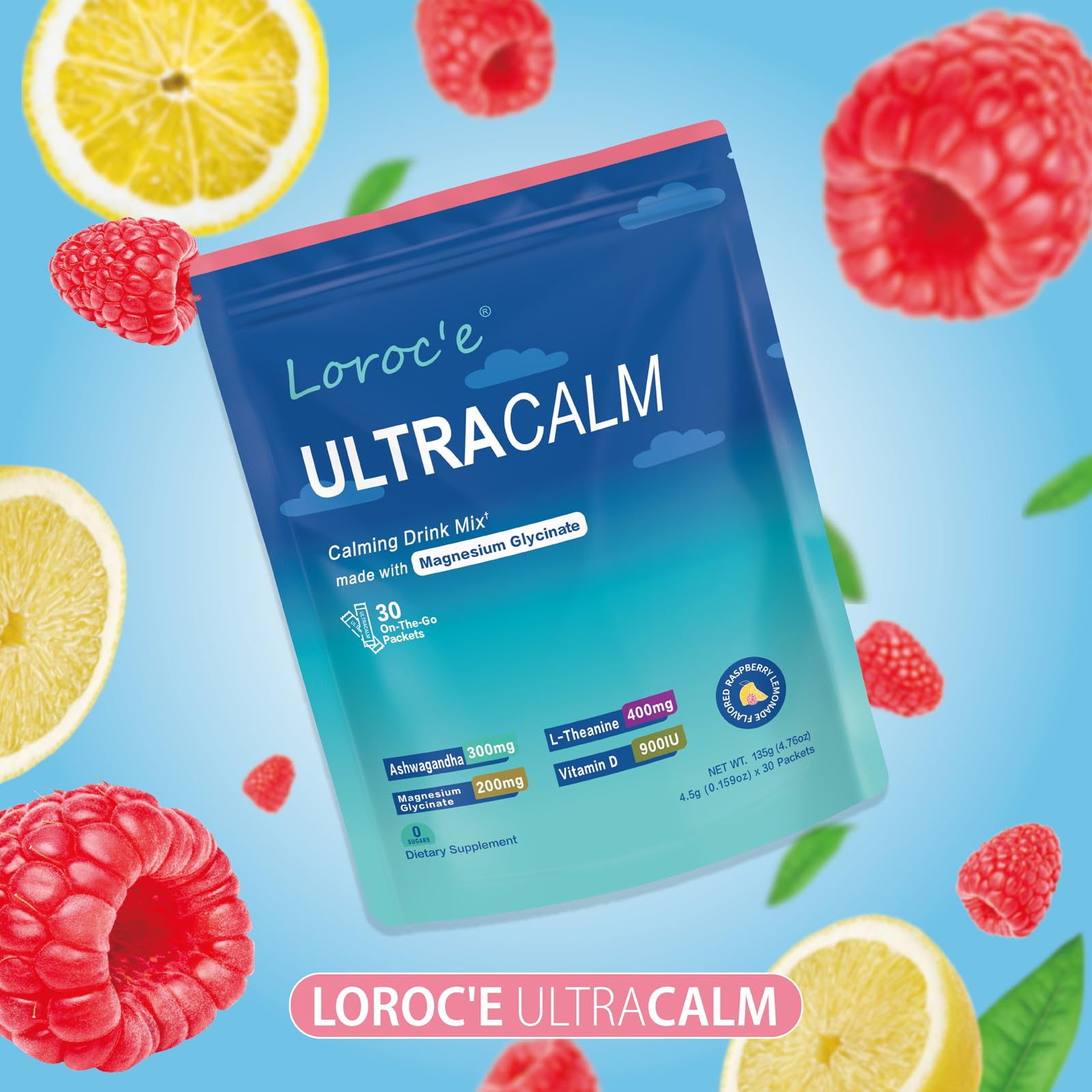UltraCalm Super Cortisol Drink Mix - Raspberry Lemonade (2 x 30 Packets) | with Ashwagandha, Magnesium Glycinate & L-Theanine Supplement - Sleep and Relaxation Support