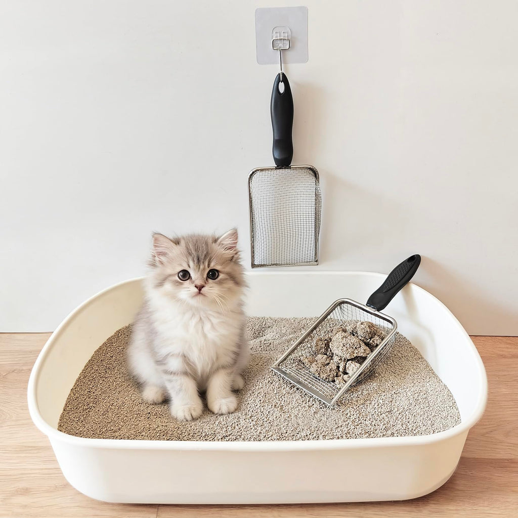 2Pcs Cat Litter Scoop Metal Stainless Steel Mesh Kitty Litter Scoop with Hook, Cat Scooper for Litter Box, Filter Small Pieces Quickly, Easy to Clean and Durable (3mm/5mm Mesh)