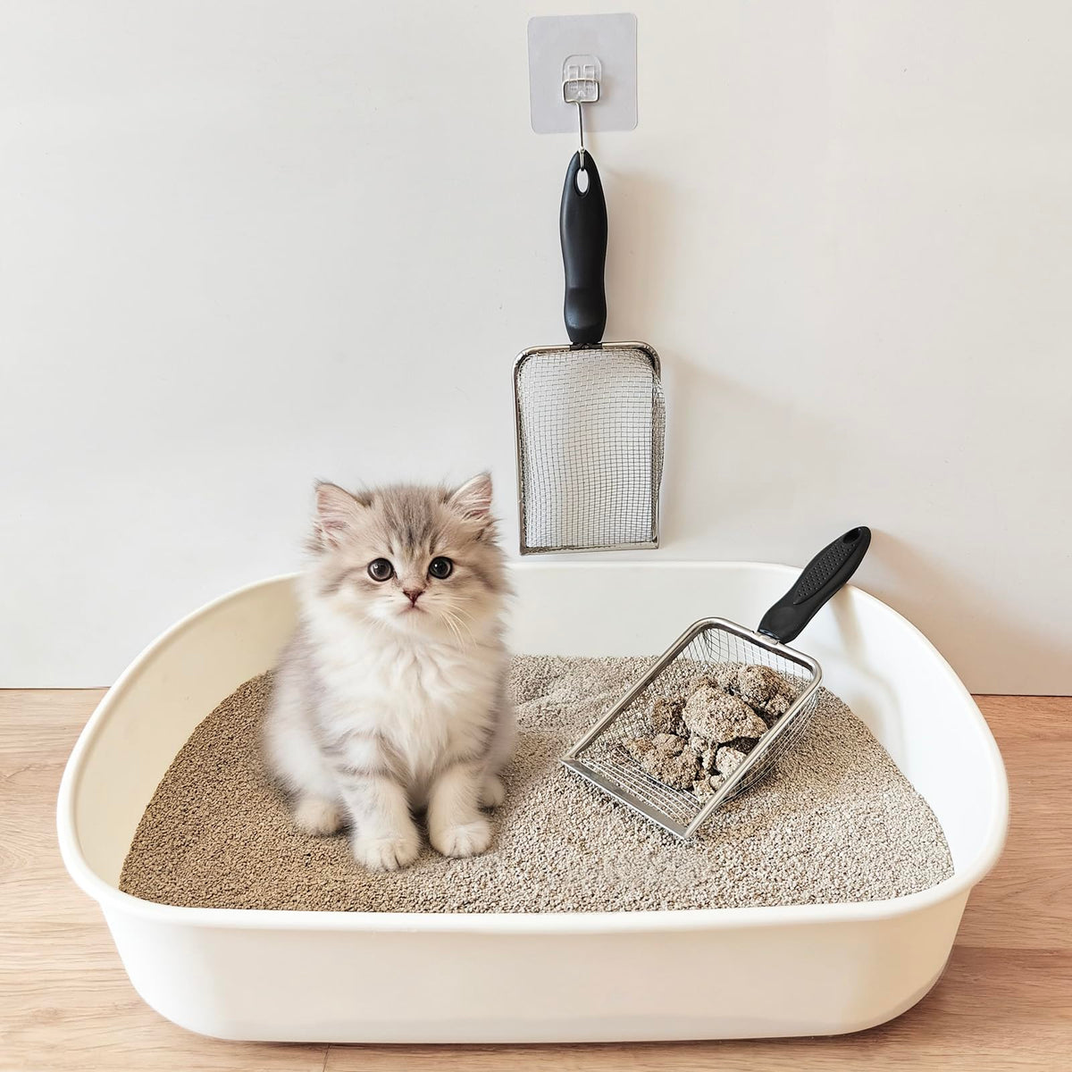 2Pcs Cat Litter Scoop Metal Stainless Steel Mesh Kitty Litter Scoop with Hook, Cat Scooper for Litter Box, Filter Small Pieces Quickly, Easy to Clean and Durable (3mm/5mm Mesh)