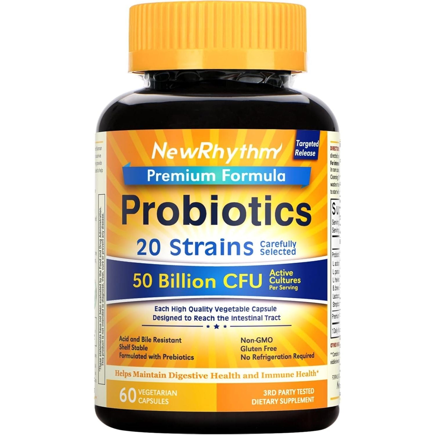 Buy now NewRhythm Probiotics 50 Billion CFU 20 Strains, 60 Veggie Capsules, Targeted Release Technology, Stomach Acid Resistant, No Need for Refrigeration, Non-GMO, Gluten Free at indiglob india