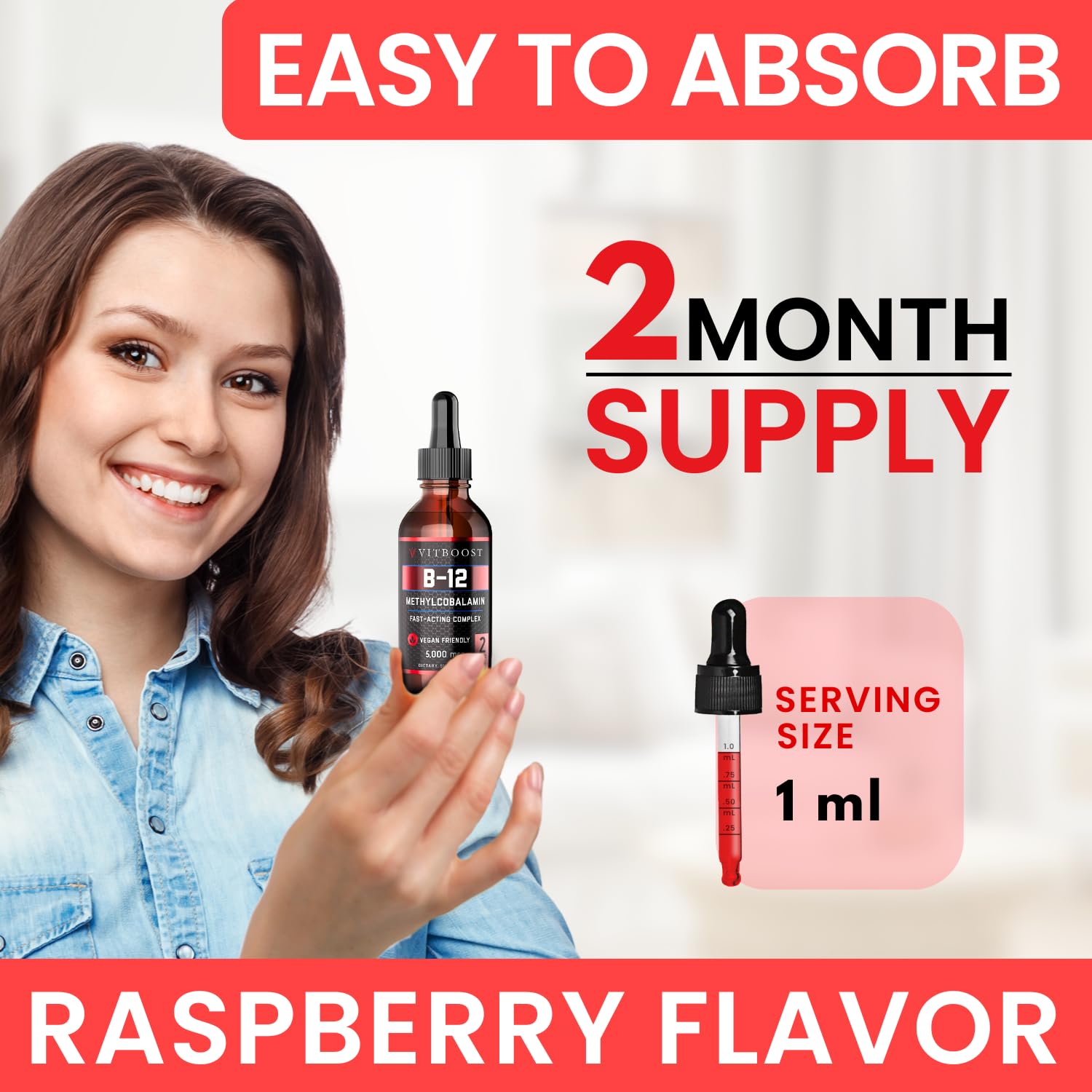 VITBOOST Vitamin B12 Liquid Drops - 60 x 5000 mcg Vegan B12 Sublingual | Extra Strength Raspberry Flavored Methylcobalamin B-12 Supplement Designed to Maximize Absorption & Energy, Gluten Free
