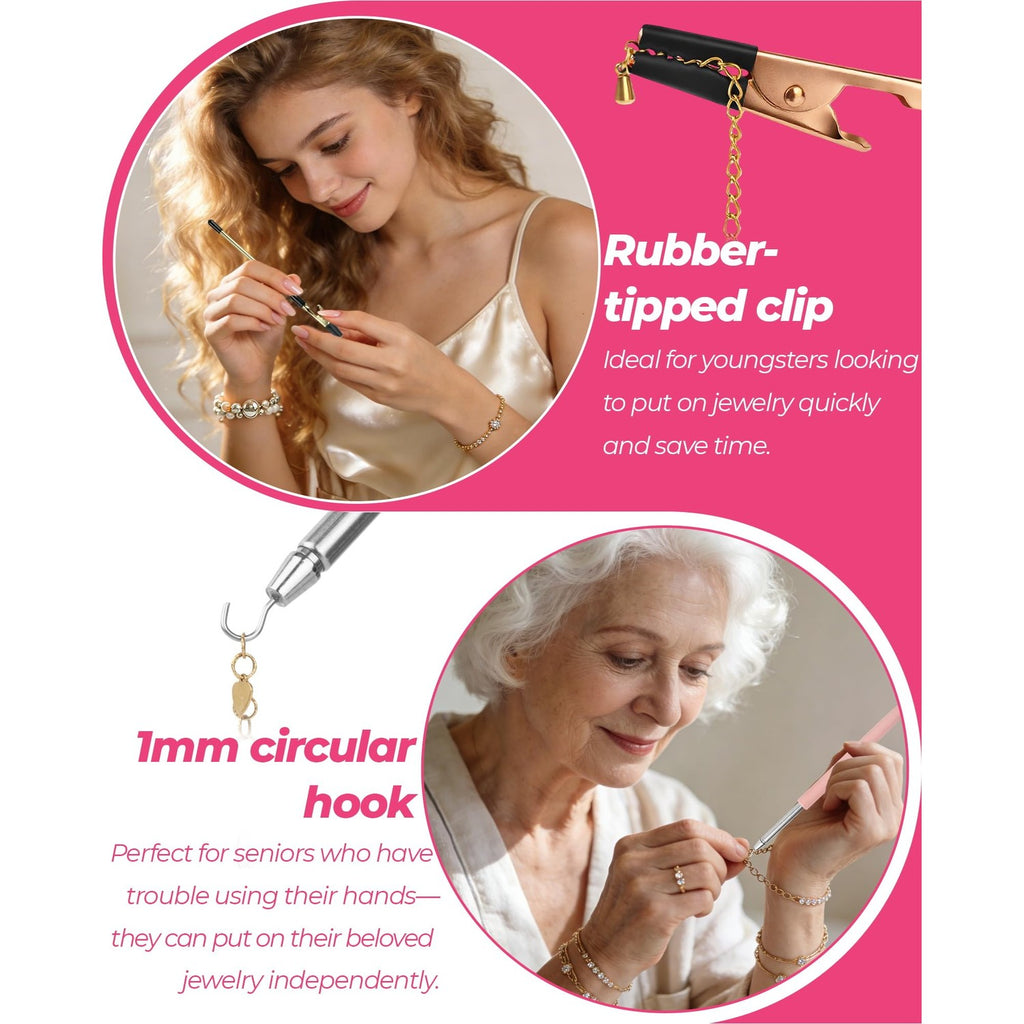 4 PCS Bracelet Helper Tool, Quick Release Fastener Helpers Tool Hooks for Necklace, Jewelry, Watch, Portable Bracelet Assistance Tool to Put on Yourself, Clip, Clasp Helper with Non-Slip Rubber Tips.
