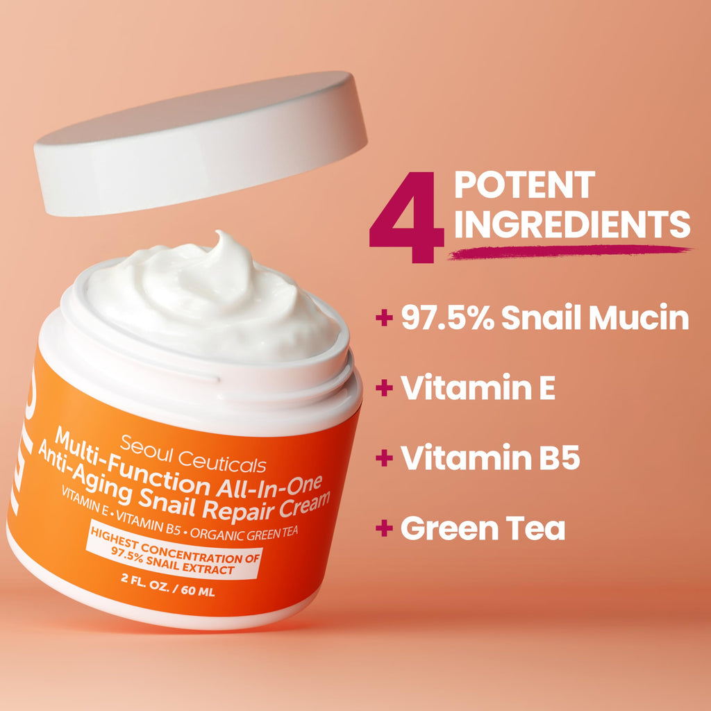SeoulCeuticals 97.5% Snail Mucin Korean Face Moisturizer Day & Night Cream | 2oz Anti Wrinkle Anti Aging Repair, Natural Organic Cruelty Free Skin Care, K Beauty Facial Skincare for Oily Normal Dry Skin