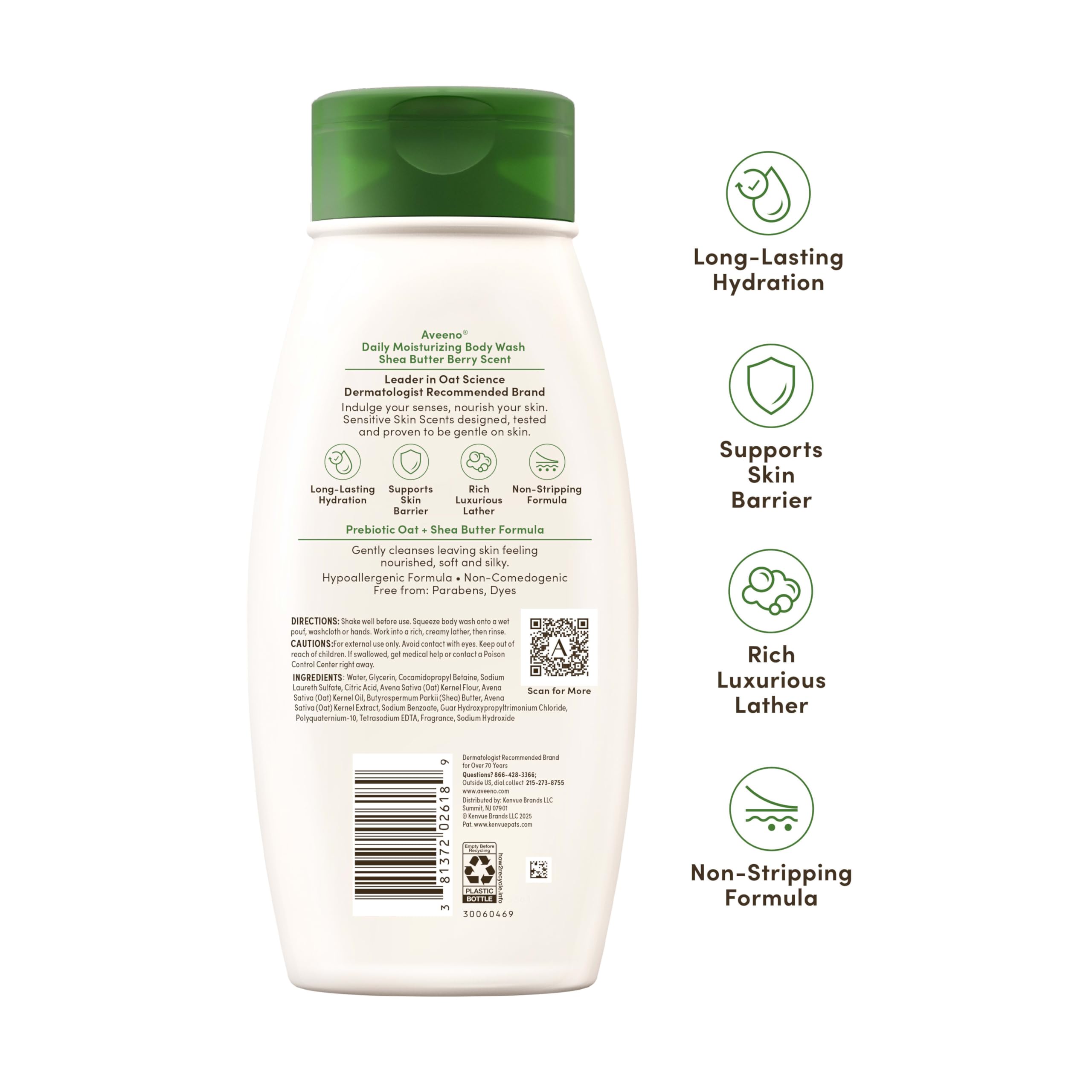 Aveeno Daily Moisturizing Body Wash, Shea Butter Berry, 18 fl. oz | Shea Butter Berry Scent, Soothing Prebiotic Oat, Long-Lasting Hydration for Sensitive Skin, Hypoallergenic, Paraben-Free