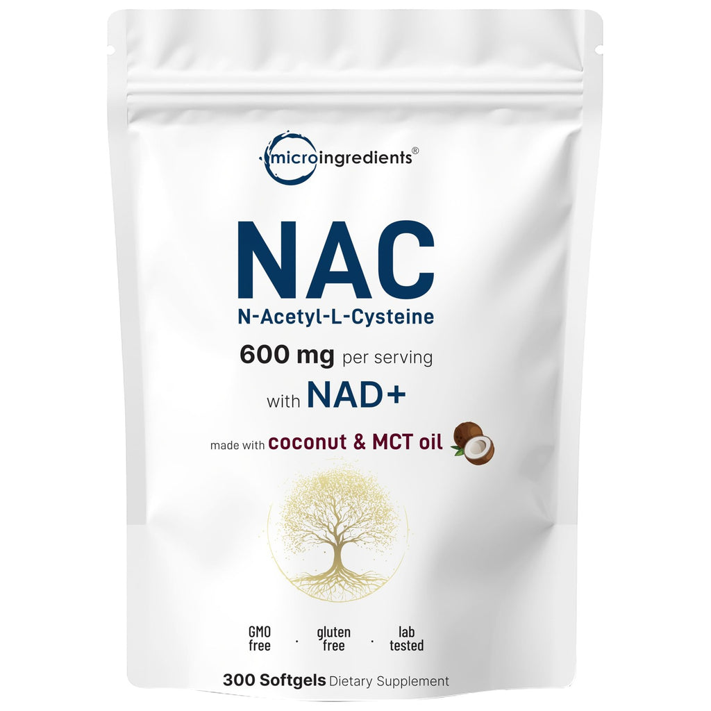 Micro Ingredients NAC Supplement 600mg Per Serving with NAD+ & Coconut Oil, 300 Softgels | 2-in-1 N Acetyl L Cysteine Plus Nicotinamide Forms | NAD Supplements for Women & Men | Non-GMO, Gluten Free