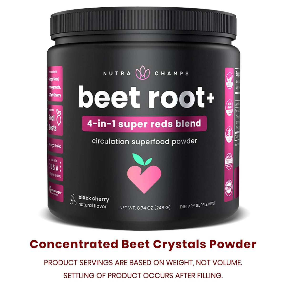 NutraChamps Beet Root Powder Circulation Supplement, Superfood Powder Energy Support with Beetroot Juice, Super Reds & Grape Seed Extract, No Sugar Beet Supplement - 8.74 Oz