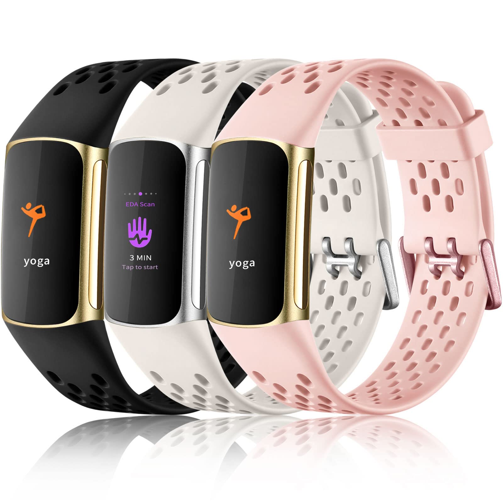Buy now Maledan Compatible with Fitbit Charge 5/ Fitbit Charge 6 Bands Women Men, Breathable Sport Band Soft Waterproof Replacement Wristbands Strap for Fitbit Charge 5/ Charge 6 Advanced Fitness Tracker Lunar White Black Pink Sand at indiglob india