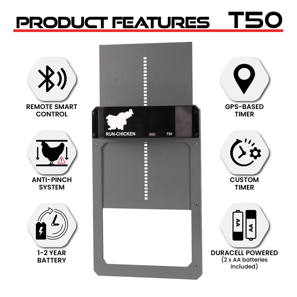 RUN-CHICKEN Door T50 – Automatic Chicken Coop Door Opener, Battery Powered & Weatherproof Aluminum, Smart App & Timer Control, Predator Proof, Easy Install, Reliable All-Season Performance (Gray)