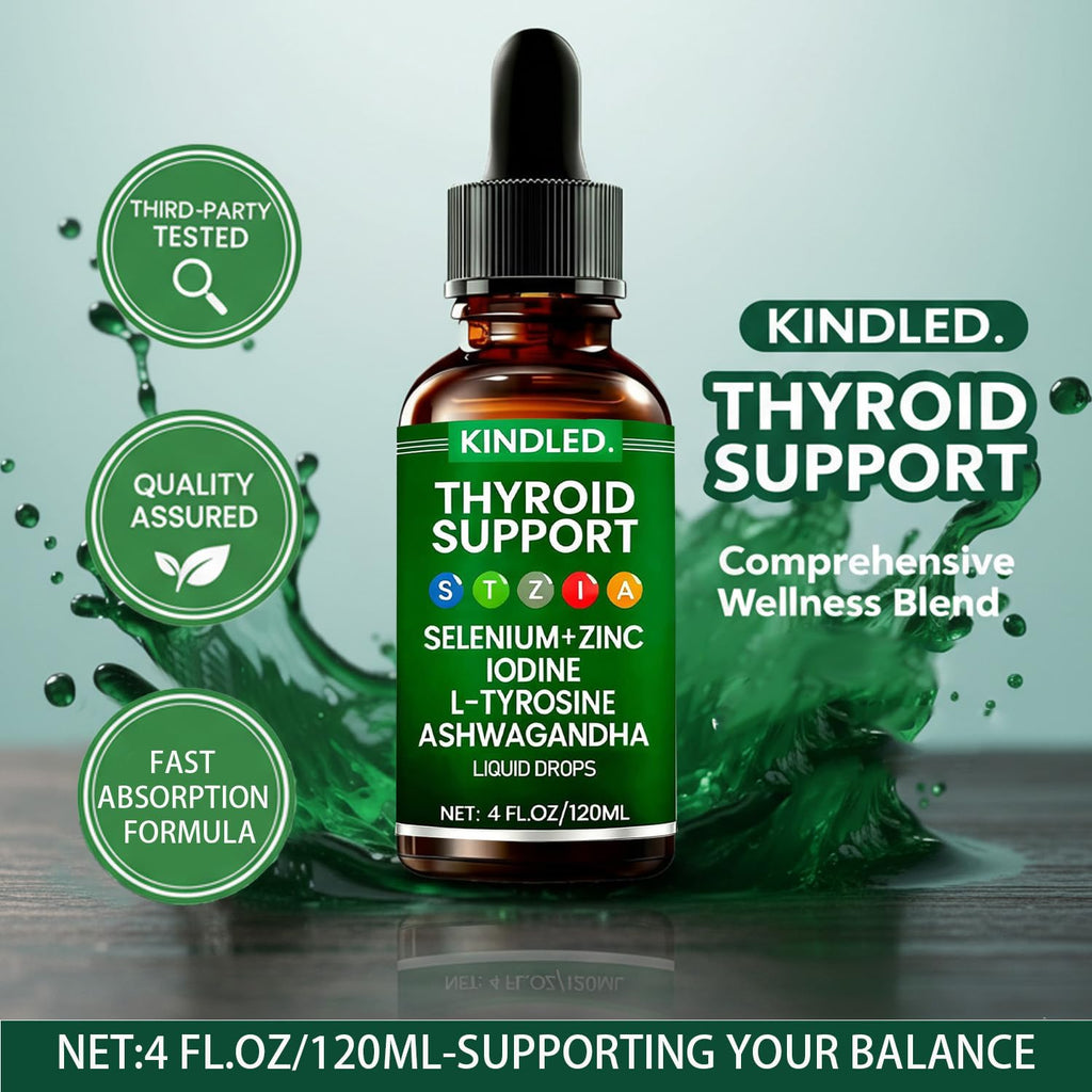 Kindled Thyroid Support Drops | Selenium Zinc Iodine L-Tyrosine Ashwagandha Liquid Drops, Thyroid Bloom | Body Balance & Support - 4 FL.OZ (1)