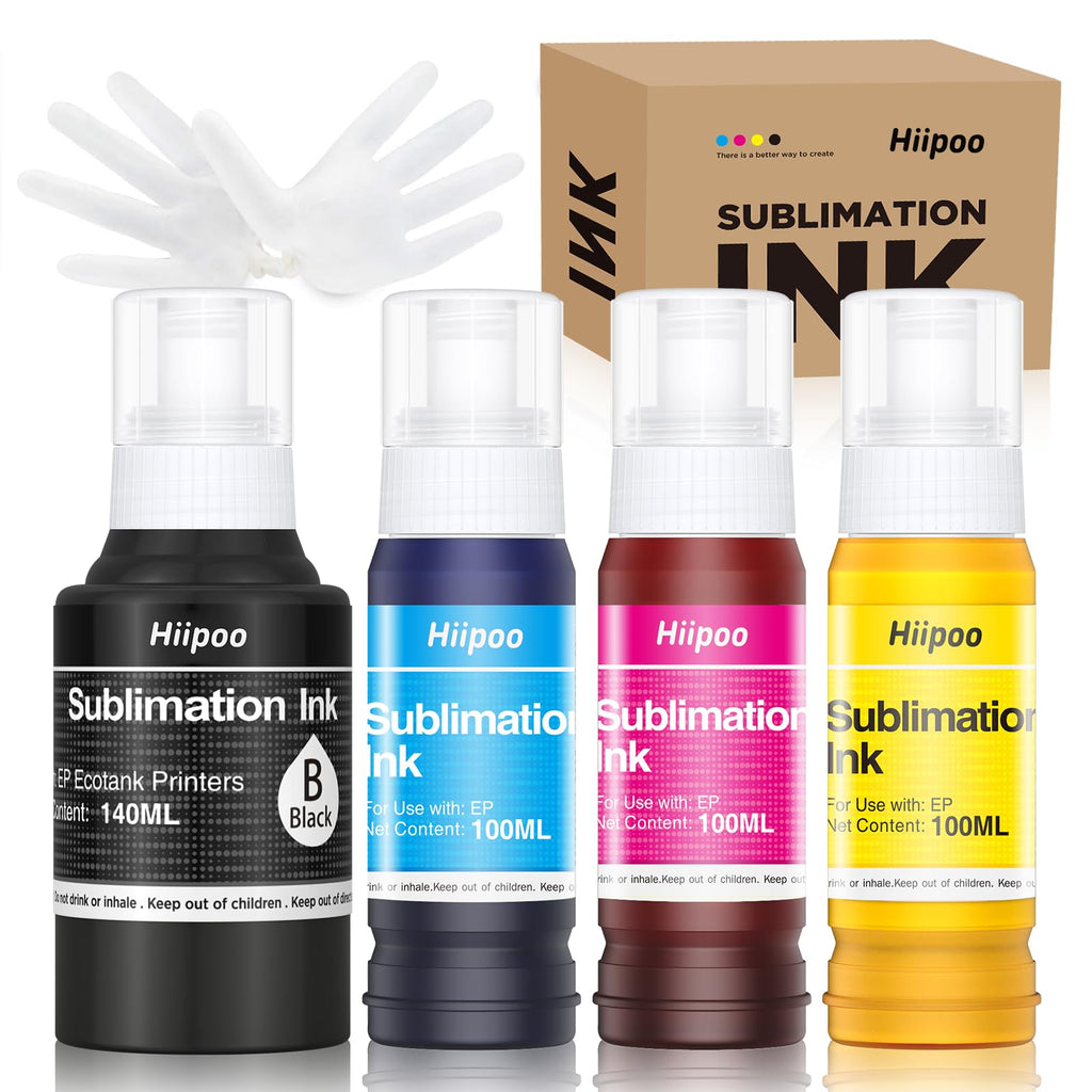 Hiipoo 440ML Sublimation Ink Refilled Bottles Compatible for ET2400 ET2720 ET2760 ET2750 ET4800 ET-2800 ET-2803 ET-2850 Inkjet Printers Heat Press Transfer on Mugs T-Shirts, 1BK/1C/1Y/1M