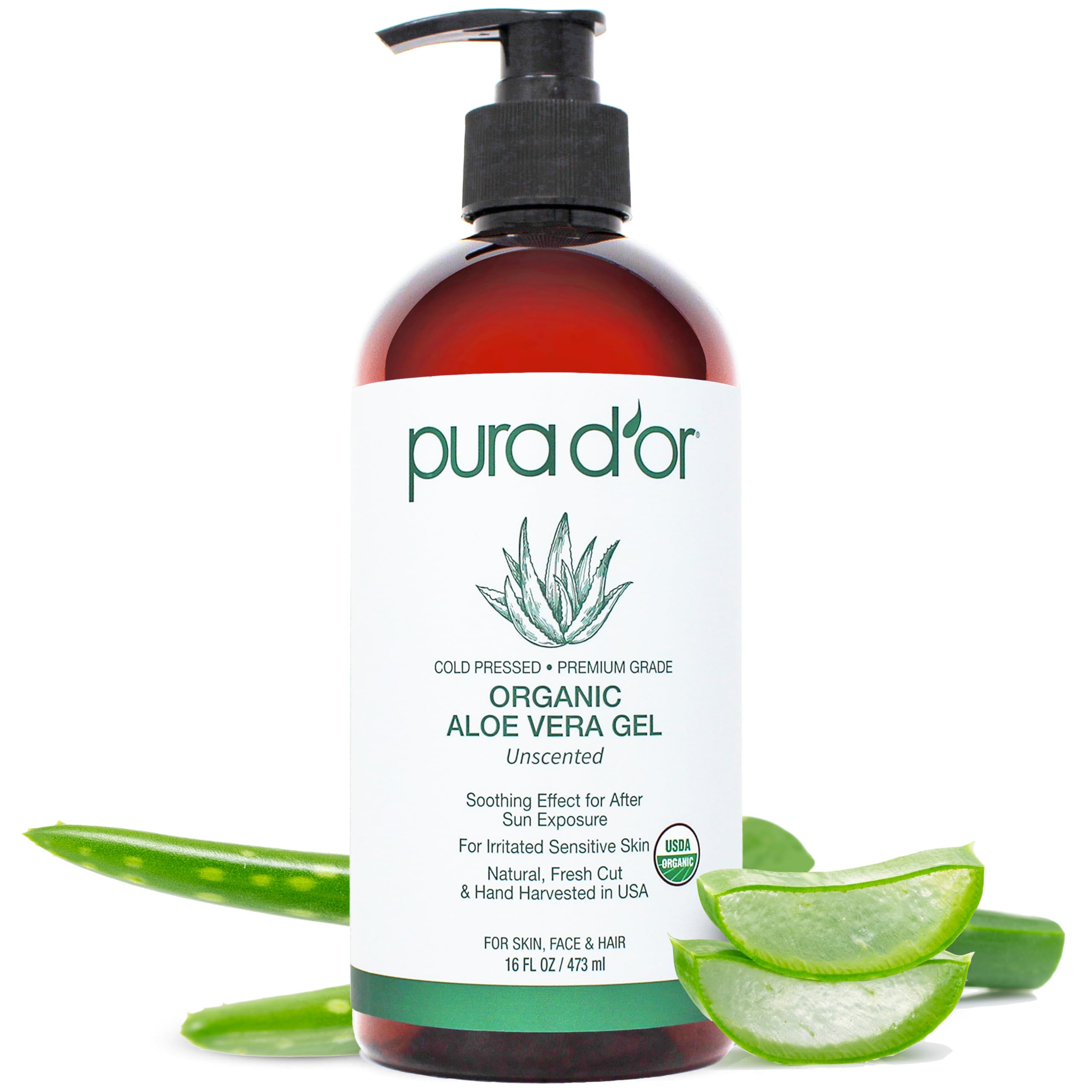 PURA D'OR ORGANIC Aloe Vera Gel Soothing Moisturizer, Lavender, 16oz | Fast-Absorbing, After-Sun Care, USDA Certified, Hydrating, Non-Sticky, Zero Artificial Preservatives, Vegan, Face, Hair, Body