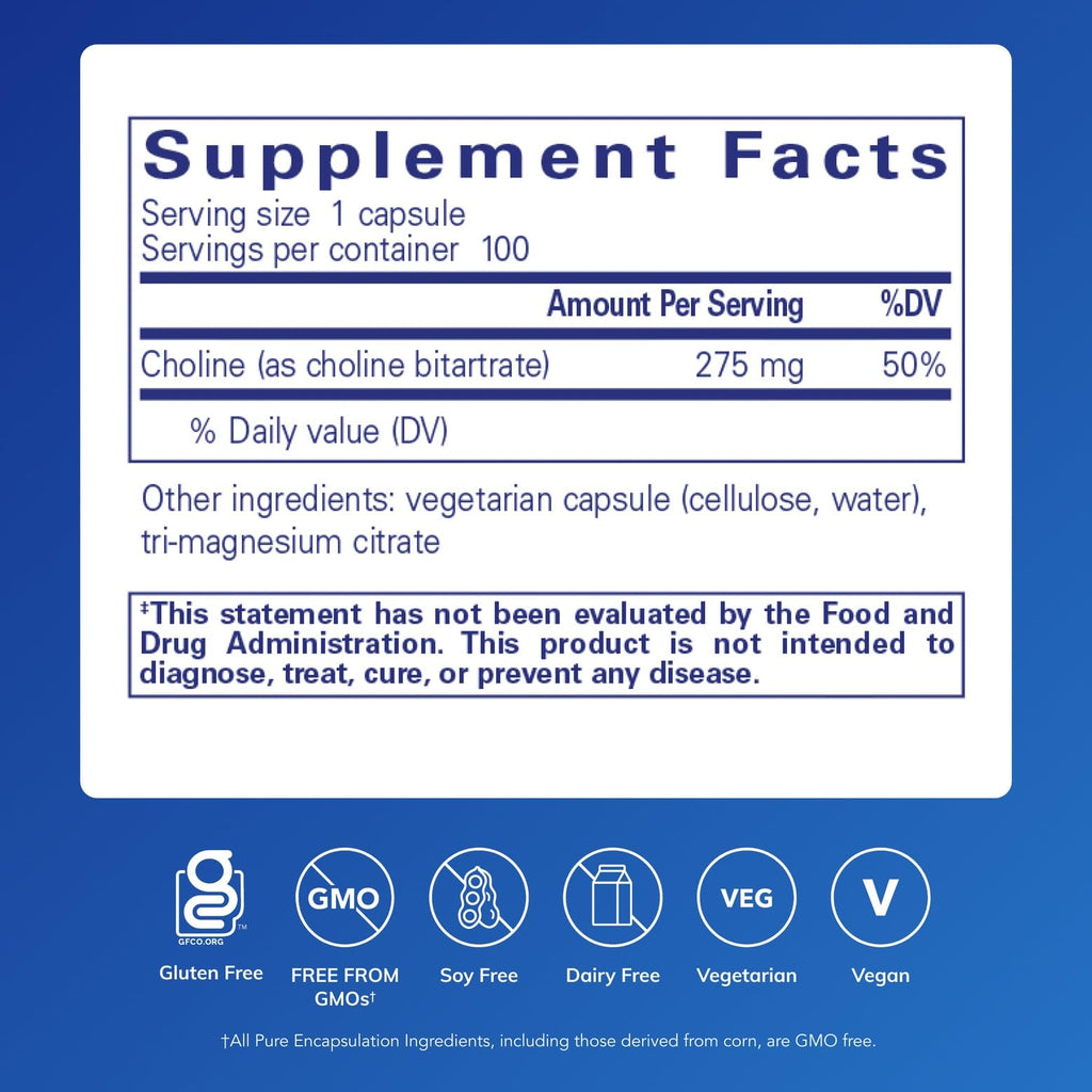 Pure Encapsulations Choline (Bitartrate), 100 Capsules | 275 mg Choline (Bitartrate), Supports Methylation, Brain Health and Cell Function*, Highly Bioavailable, Vegan and Non-GMO