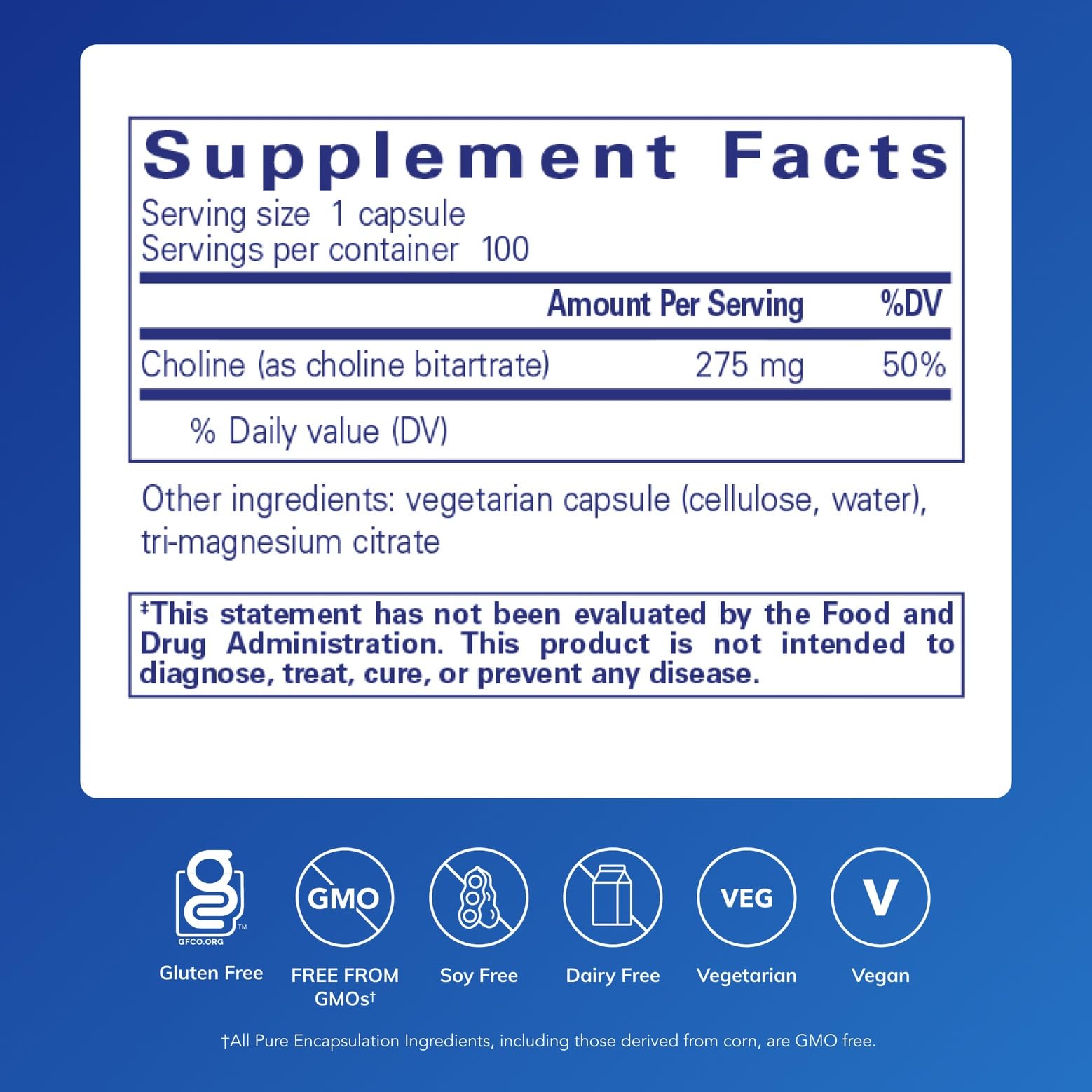 Pure Encapsulations Choline (Bitartrate), 100 Capsules | 275 mg Choline (Bitartrate), Supports Methylation, Brain Health and Cell Function*, Highly Bioavailable, Vegan and Non-GMO