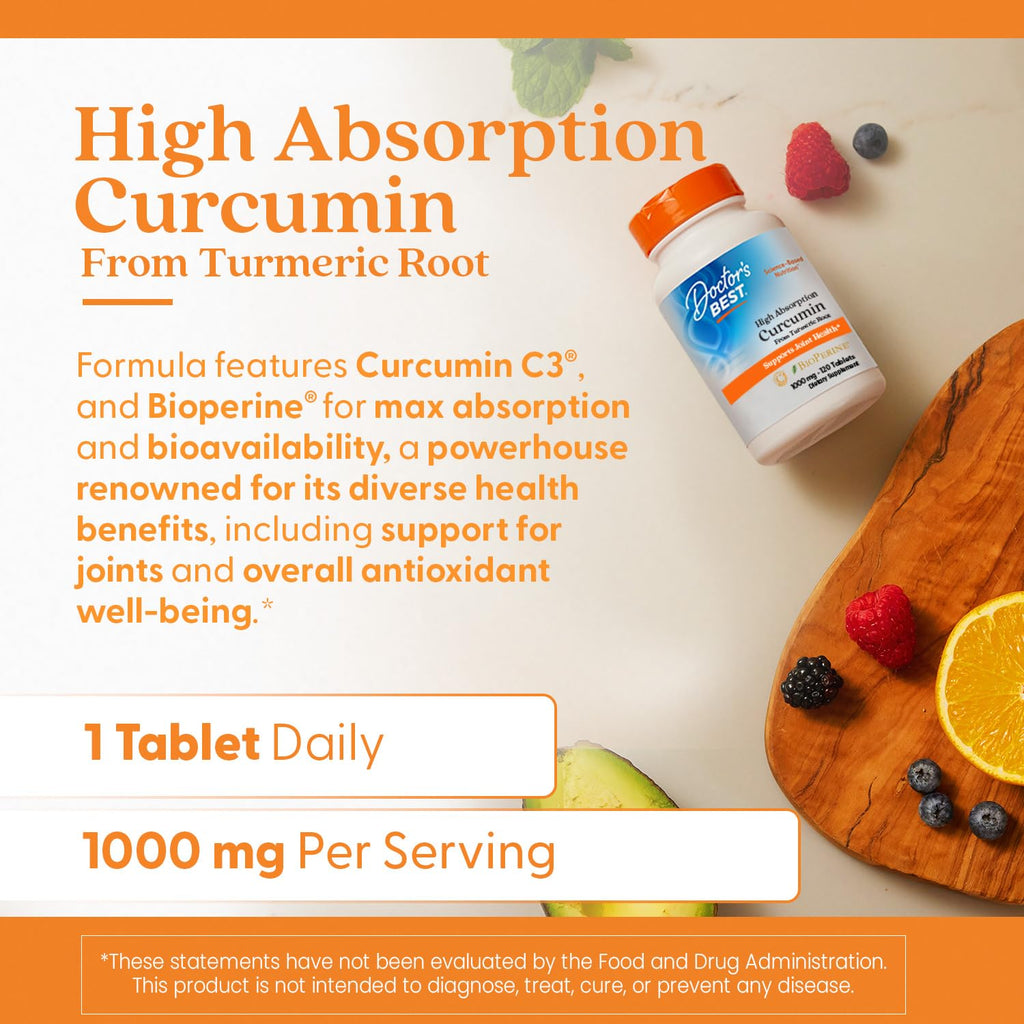 Doctor's Best Turmeric Curcumin Supplement 1000mg, Non GMO, 120 Tablets