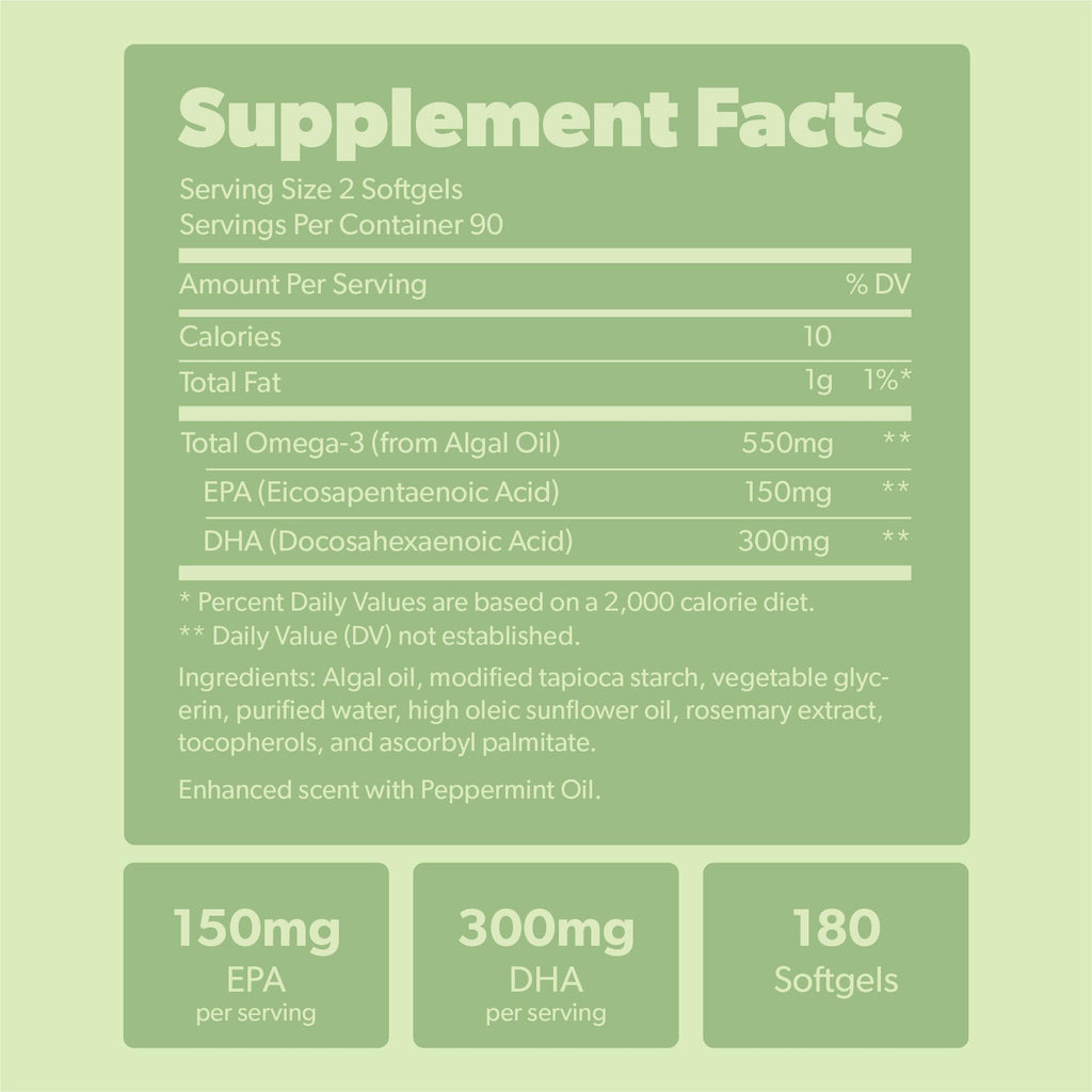 Vegan Omega 3 Supplement - Plant Based DHA & EPA Fatty Acids - Carrageenan Free, Alternative to Fish Oil, Supports Heart, Brain, Joint Health - Sustainably Sourced Algae, Fish Oil Free - 180 Softgels