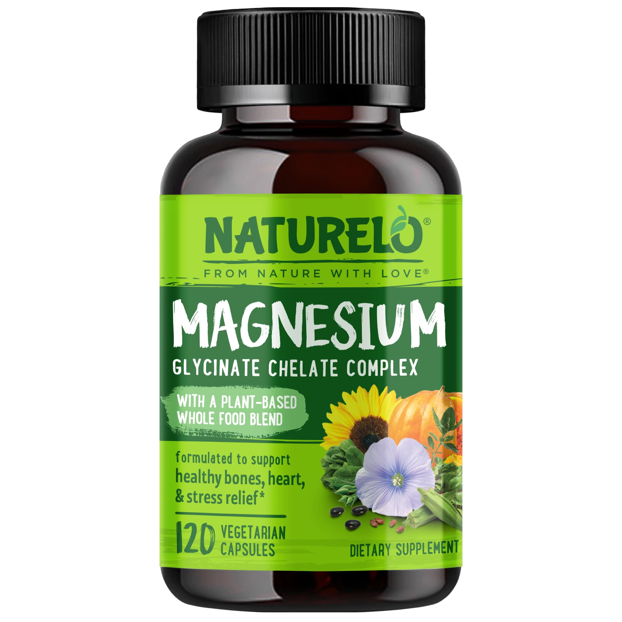 NATURELO Magnesium Glycinate Chelate Complex - 200 mg Magnesium, 120 Count | Support Sleep, Calm, Muscle Cramp & Stress Relief, Gluten Free, Non GMO, with Organic Vegetables