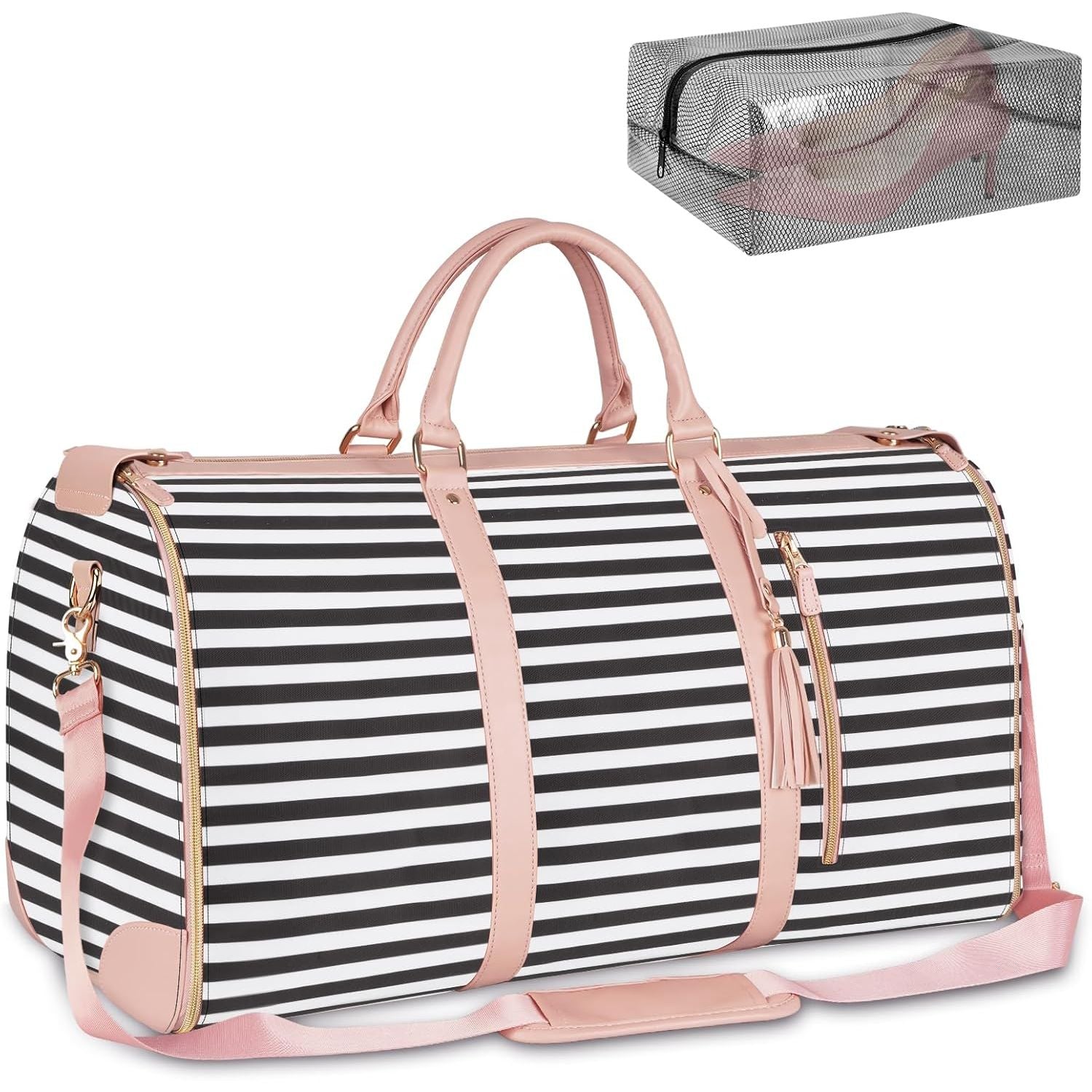 Buy now Ytonet Garment Duffle Bags for Travel, Convertible Carry On Garment Bag for Women, Large PU Leather Foldable Travel Bag with Shoe Pouch, 2 in 1 Hanging Suitcase Dress Suit Travel Bags, Pink Black White Stripe Tote at indiglob india