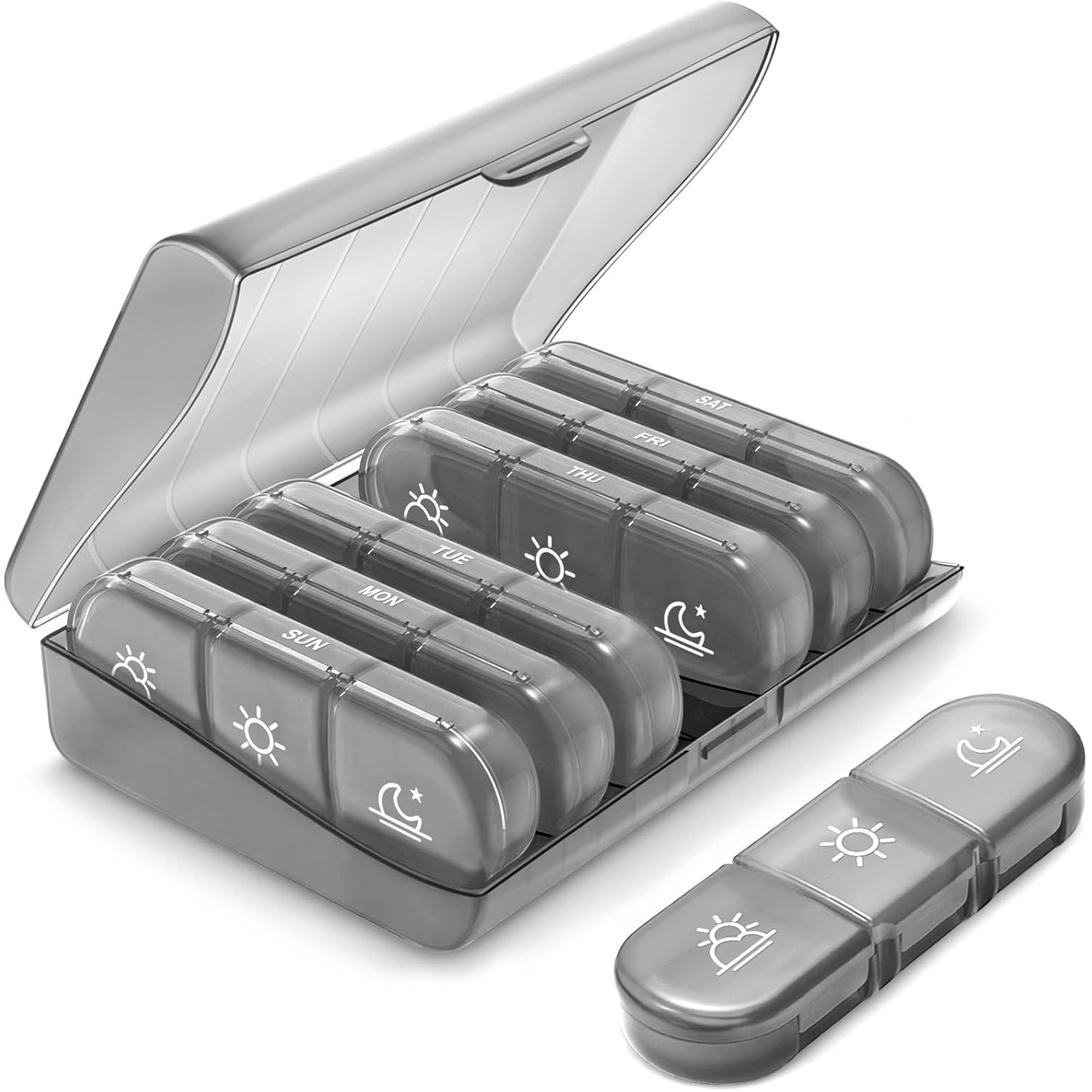 Buy now PULIV Weekly Pill Organizer 3 Times a Day, Portable Travel Pill Box 7 Day with Large Pill Containers, Light-Proof Pill Case for Vitamins, Medication, Supplements and Fish Oils (Black) Gray at indiglob india