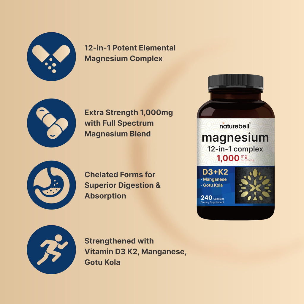 NatureBell 12-in-1 Magnesium Complex 1000mg, 4-Months Supply – Magnesium Glycinate, Citrate, Taurate, Malate, & More – High Absorption Formula for Men & Women – Chelated & Purified – 240 Capsules