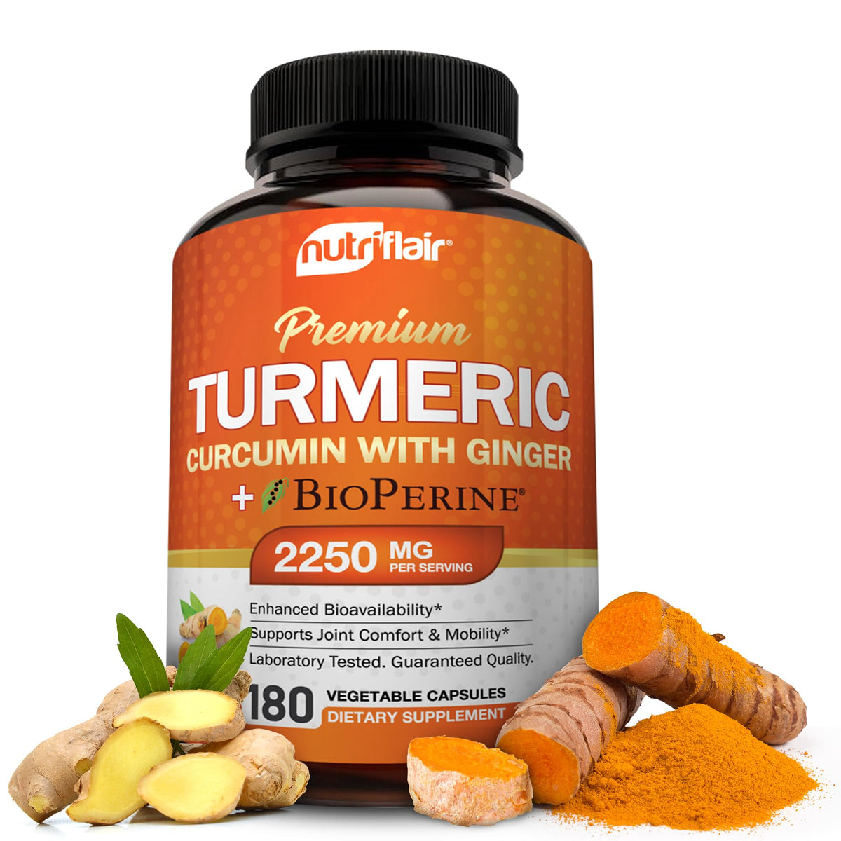 NutriFlair Turmeric Curcumin Supplement 2250mg, 180 Capsules - with Ginger & BioPerine Black Pepper - Standardized 95% Curcuminoids, Non-GMO, Vegan Joint Support, Antioxidant - High Absorption