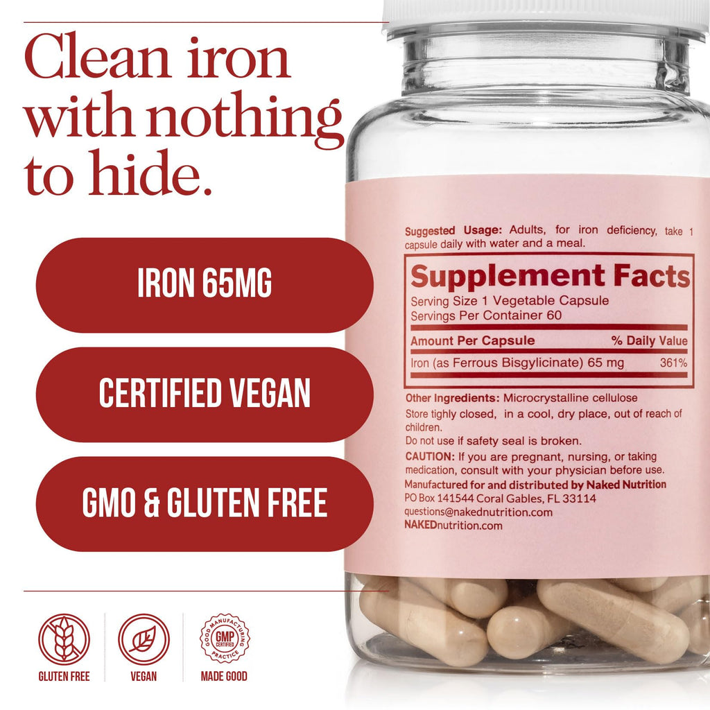 Naked Iron 65mg, 325mg Ferrous Bisglycinate - High Potency Iron Supplement for Iron Deficiency, Cellular Energy Support, Promotes Healthy Red Blood Cell Production, Non-GMO, Gluten-Free, 60 Capsules