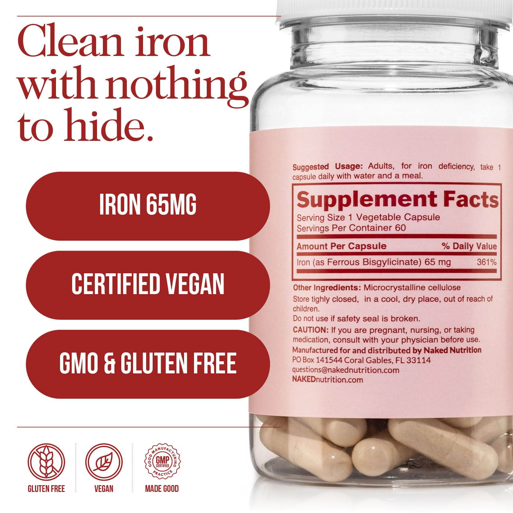 Naked Iron 65mg, 325mg Ferrous Bisglycinate - High Potency Iron Supplement for Iron Deficiency, Cellular Energy Support, Promotes Healthy Red Blood Cell Production, Non-GMO, Gluten-Free, 60 Capsules