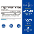 Vitalibre 10 in 1 Magnesium Complex, 420mg Elemental Magnesium 120 Capsules | Ultra Strength, Max Absorption | Chelated Magnesium Supplement for Women Men Nerves, Bone & Heart Health | Non-GMO
