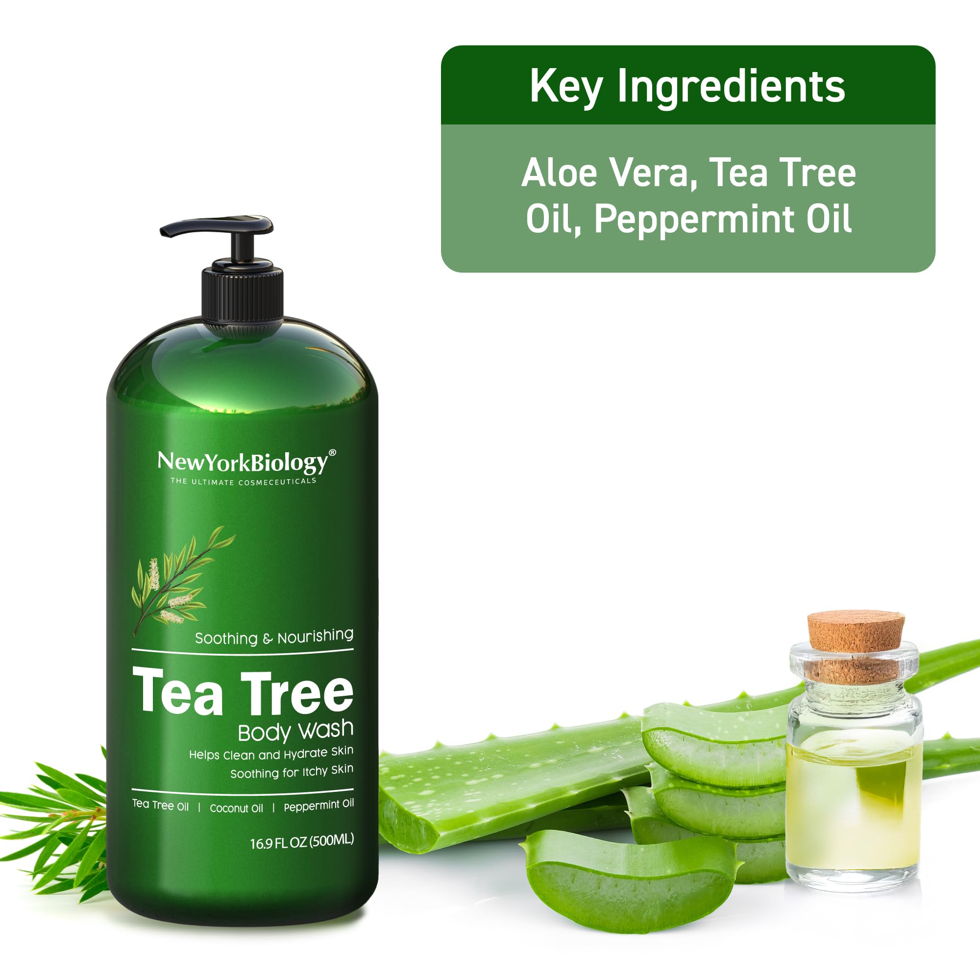 New York Biology Tea Tree Body Wash for Men & Women - 16.9 Fl Oz | Moisturizing Body Wash Helps Soothe the Skin, Refreshing & Hydrating Cleanser for Body & Feet
