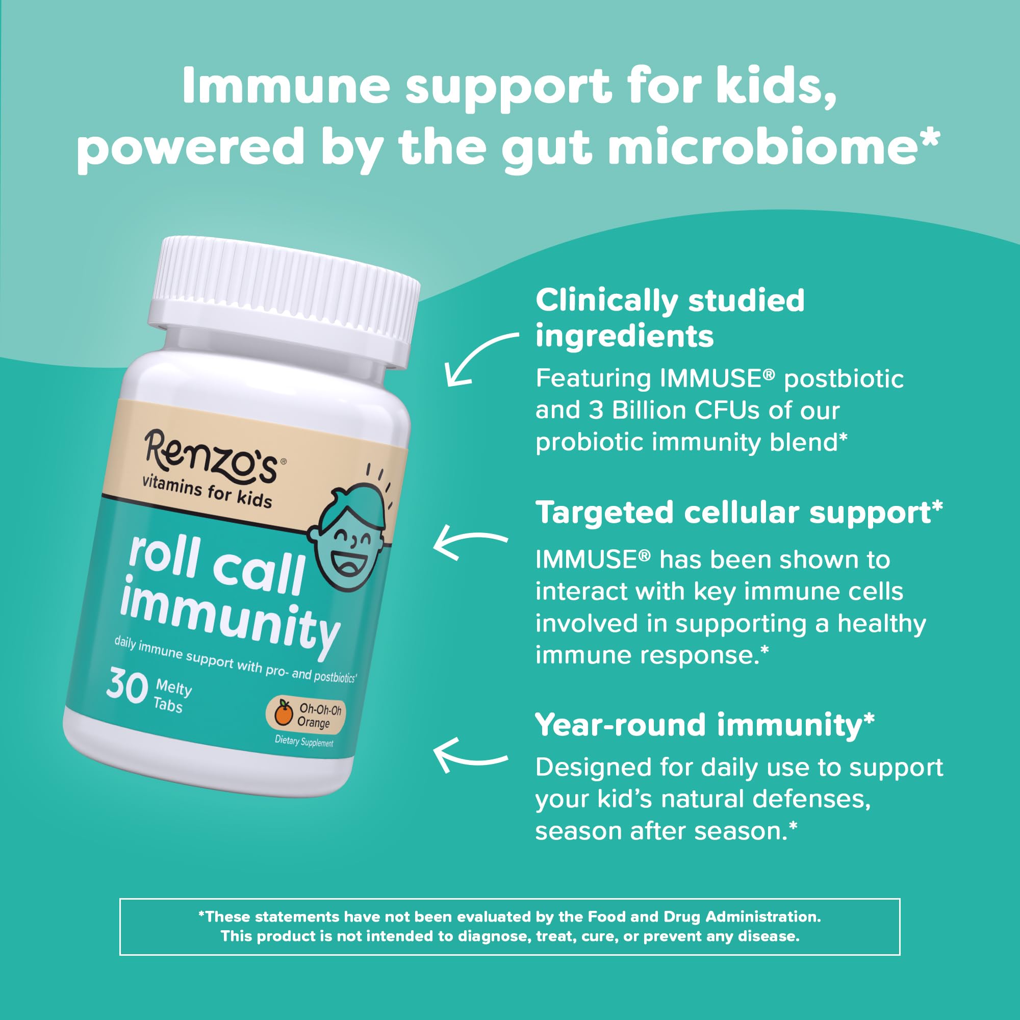 Renzo's Roll Call Immunity Kids Immune Support, Dissolvable Tabs, 30-Count | Clinically-Studied IMMUSE Postbiotic & Probiotic Immunity Blend, Classroom Support, Sugar-Free, Orange Flavor, 1-Month Supply