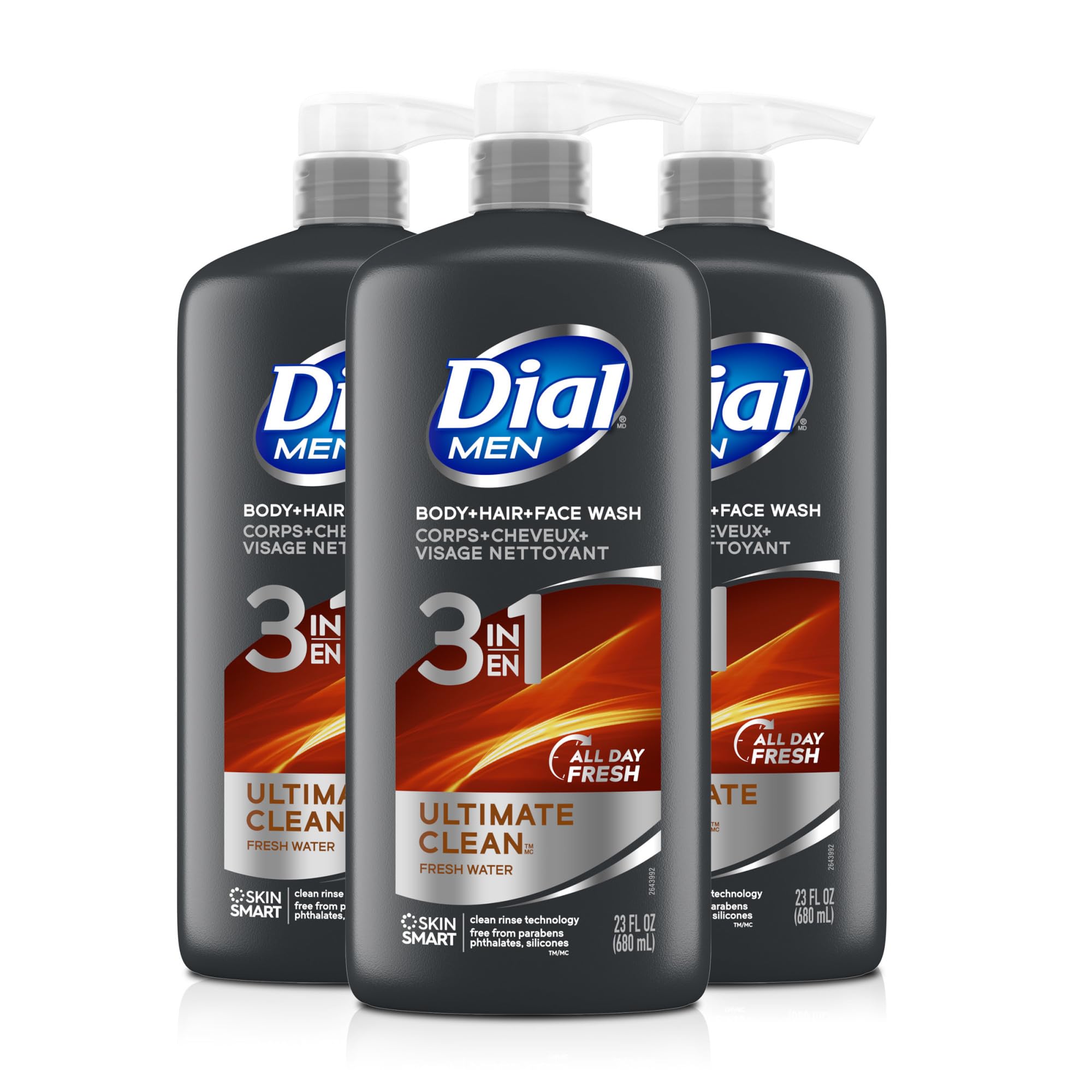 Dial Men 3-in-1 Body, Hair and Face Wash, Recharge, 23 Fl Oz, 3-Pack | Total 69 Fl Oz, clean rinse technology, moisturizing formula, includes 3 bottles, rich lather, suitable for daily use