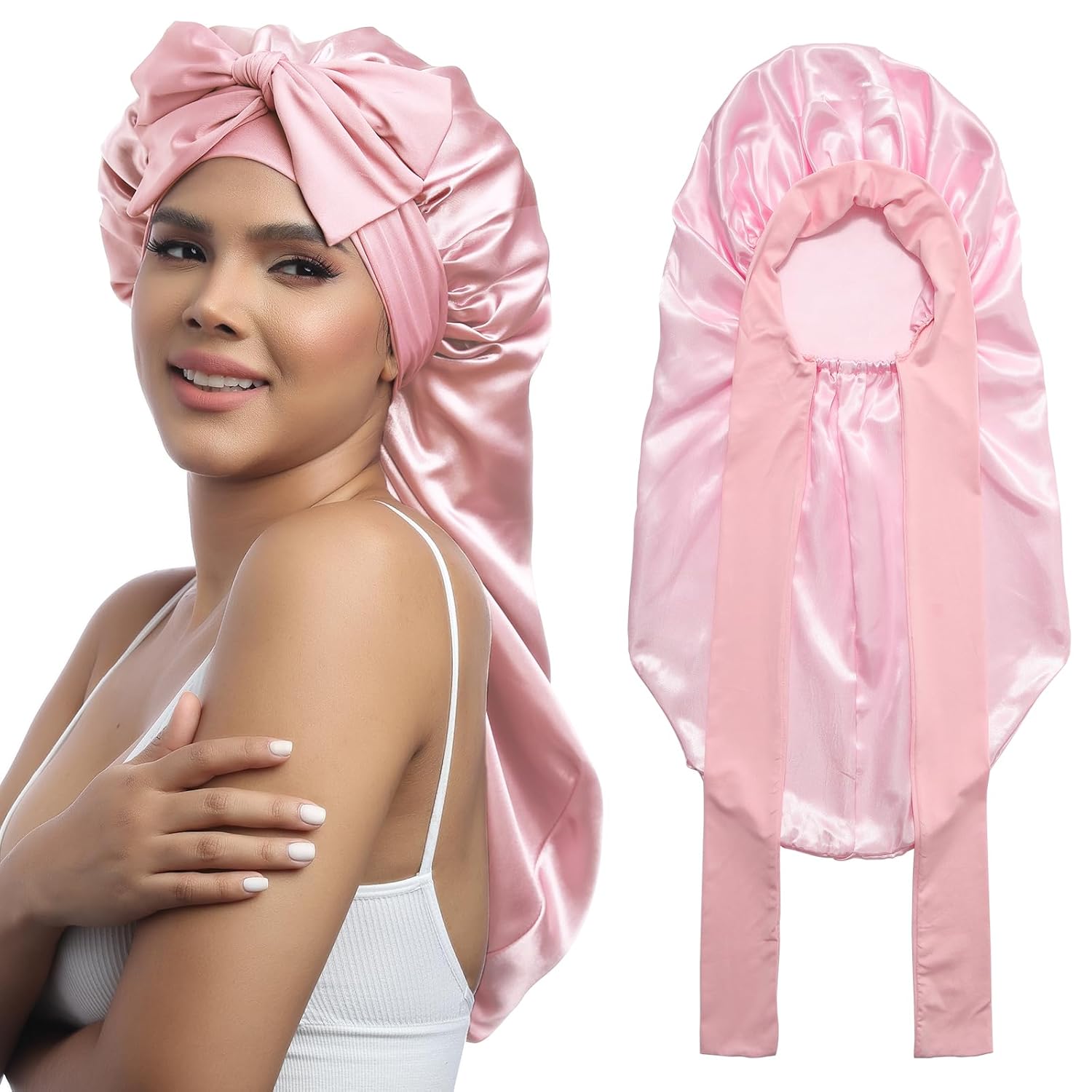 Buy now AWAYTR Long Satin Bonnet for Women - Double Layer Elastic Silk Bonnet for Braids Hair Sleeping Cap with Tie Band (Rose Gold) One Size Pink at indiglob india