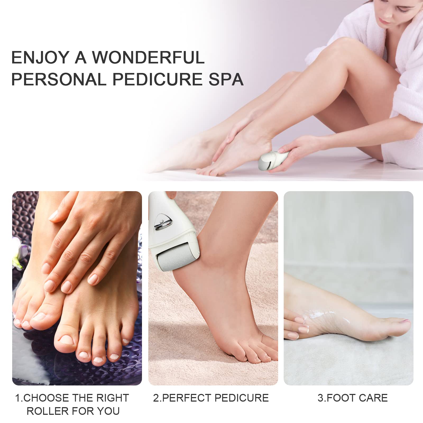 Electric Foot Callus Remover, Rechargeable Foot File for Dead Skin Care | Portable Electronic Pedicure Kit, Waterproof Hard Skin Scraper Tool with 3 Roller Heads for Cracked Heels & Home Spa