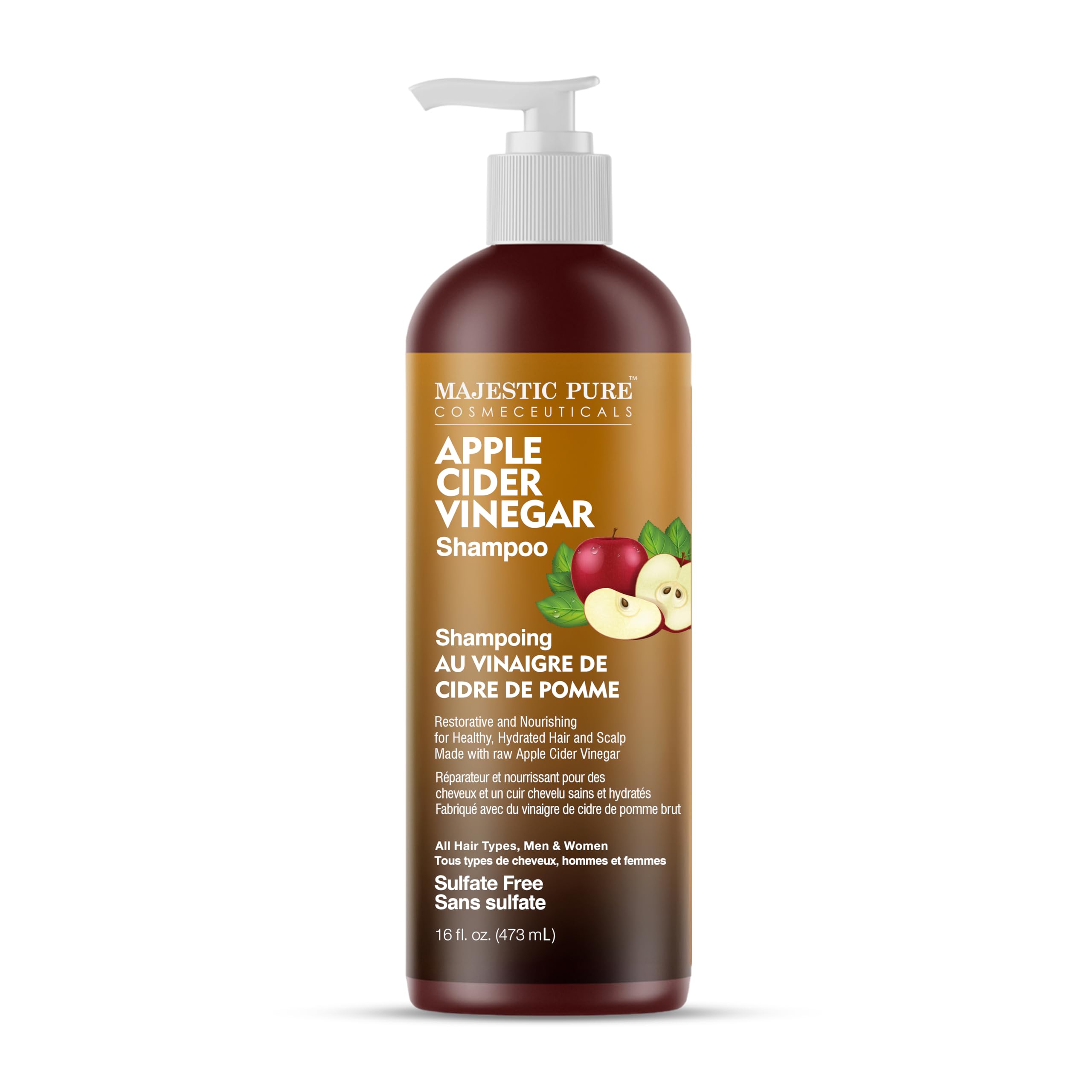 Majestic Pure Apple Cider Vinegar Shampoo, Sulfate Free - 16 Fl Oz | Ideal for daily hair cleansing, scalp care, frizz control, and maintaining soft, healthy-looking hair