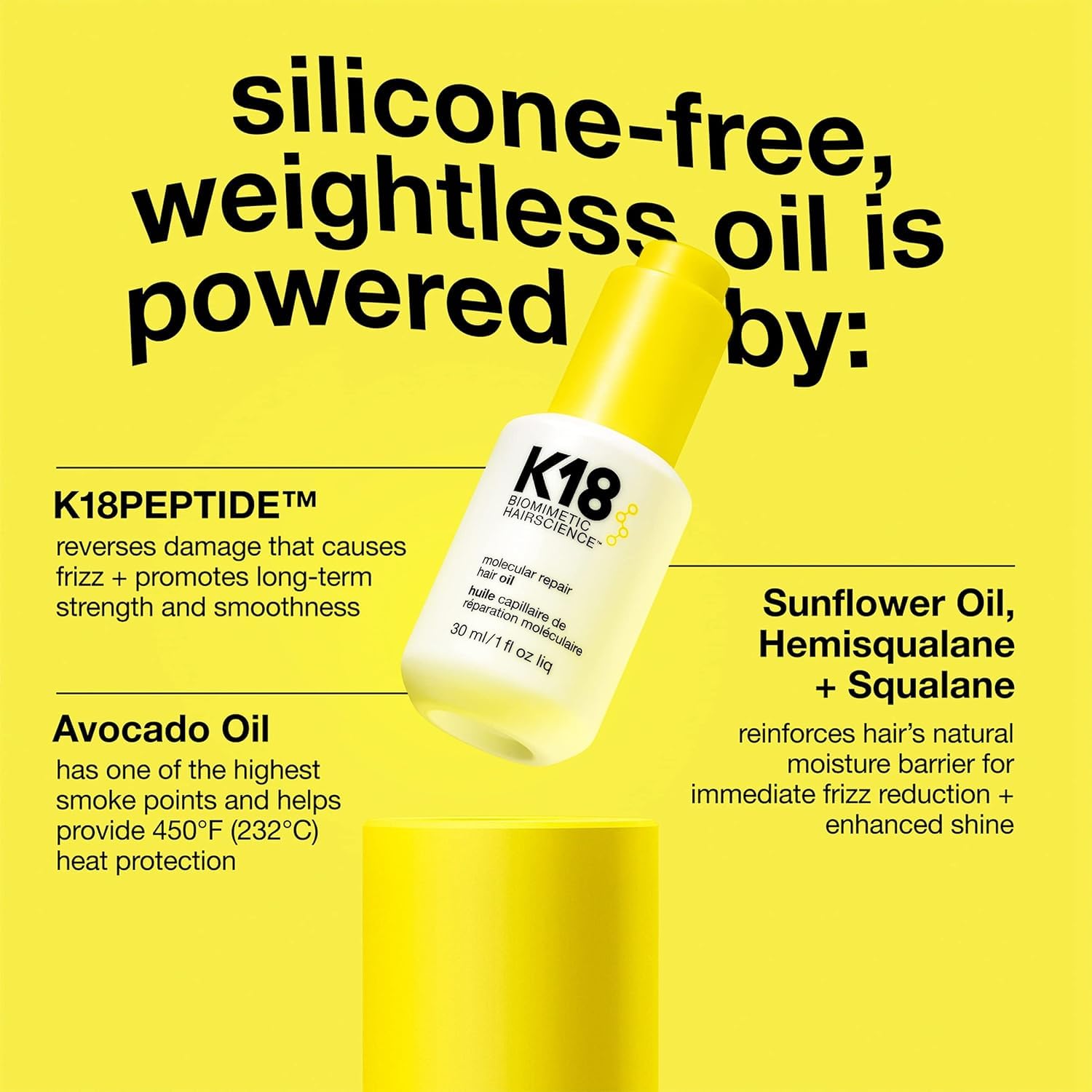 K18 Molecular Repair Hair Oil, Weightless Oil for Stronger, Healthier Hair, Suitable For All Hair Types