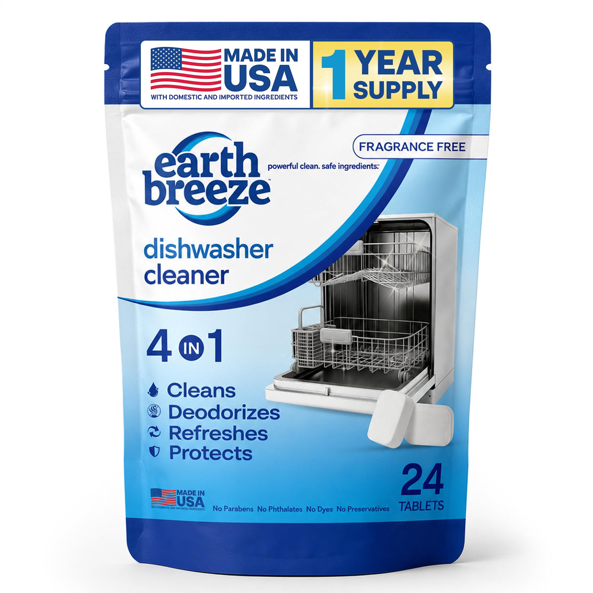 Earth Breeze Dishwasher Cleaner Tablets 4-in-1 Fragrance Free