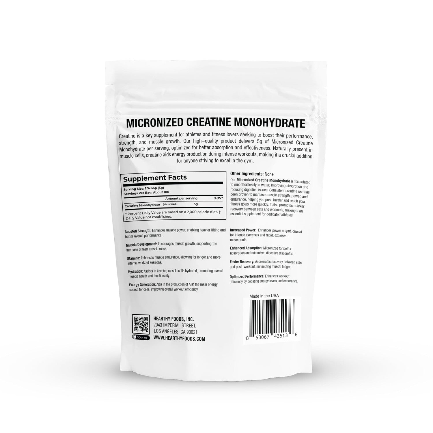 HEARTHY FOODS Creatine Monohydrate Micronized Powder 500G - 100 Servings, 5000mg Per Serving (5g) - for Men & Women Muscle Growth & Recovery - UNFLAVORED