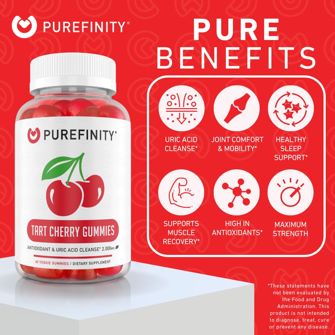 Tart Cherry Gummies, Uric Acid Flush Extract for Joints, 60ct | Uric Acid Crystal Flush for Joint Recovery Support, Chewable Tart Cherry Extract Antioxidant, Non-GMO, Gluten Free, Vegan