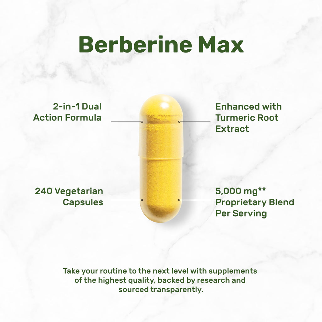 DEAL SUPPLEMENT Berberine Max Supplement with Turmeric, 5000 mg** Per Serving, 240 Vegetarian Capsules | Berberine HCl with Turmeric Root Extract | Non-GMO